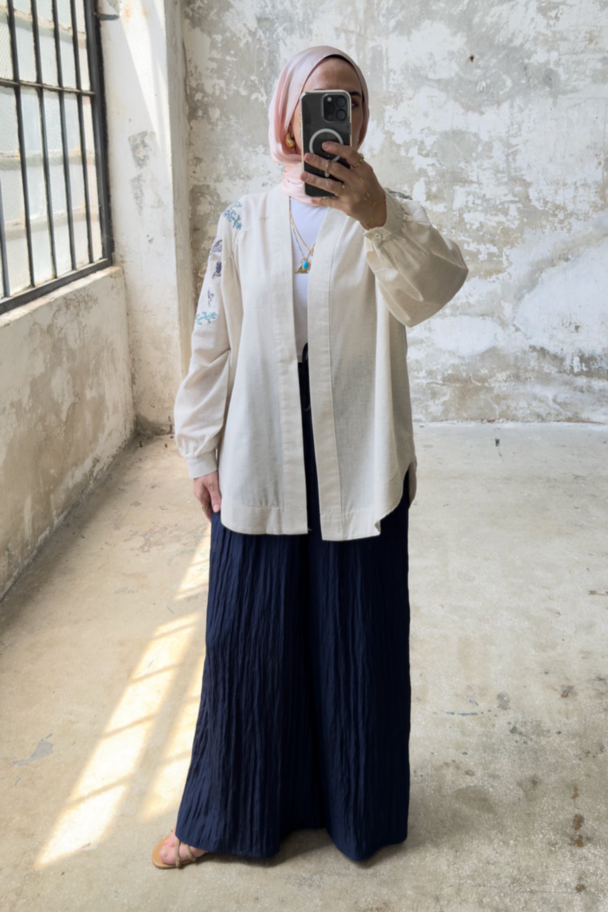 Kuş Nakış Detaylı Oversize Keten Kimono 8822 - Bej