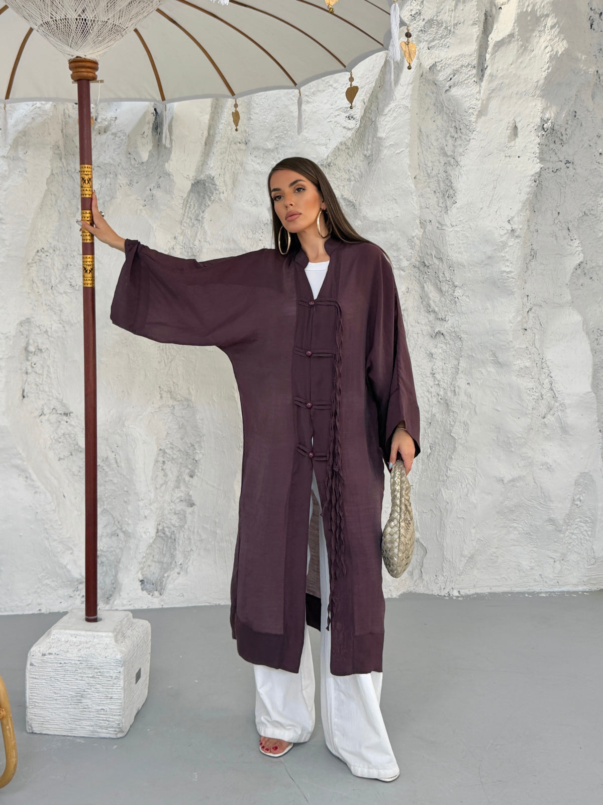 Brit Düğmeli Saçak Detaylı Hakim Yaka Uzun Kimono 0132 - Mürdüm