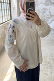 Kuş Nakış Detaylı Oversize Keten Kimono 8822 - Bej