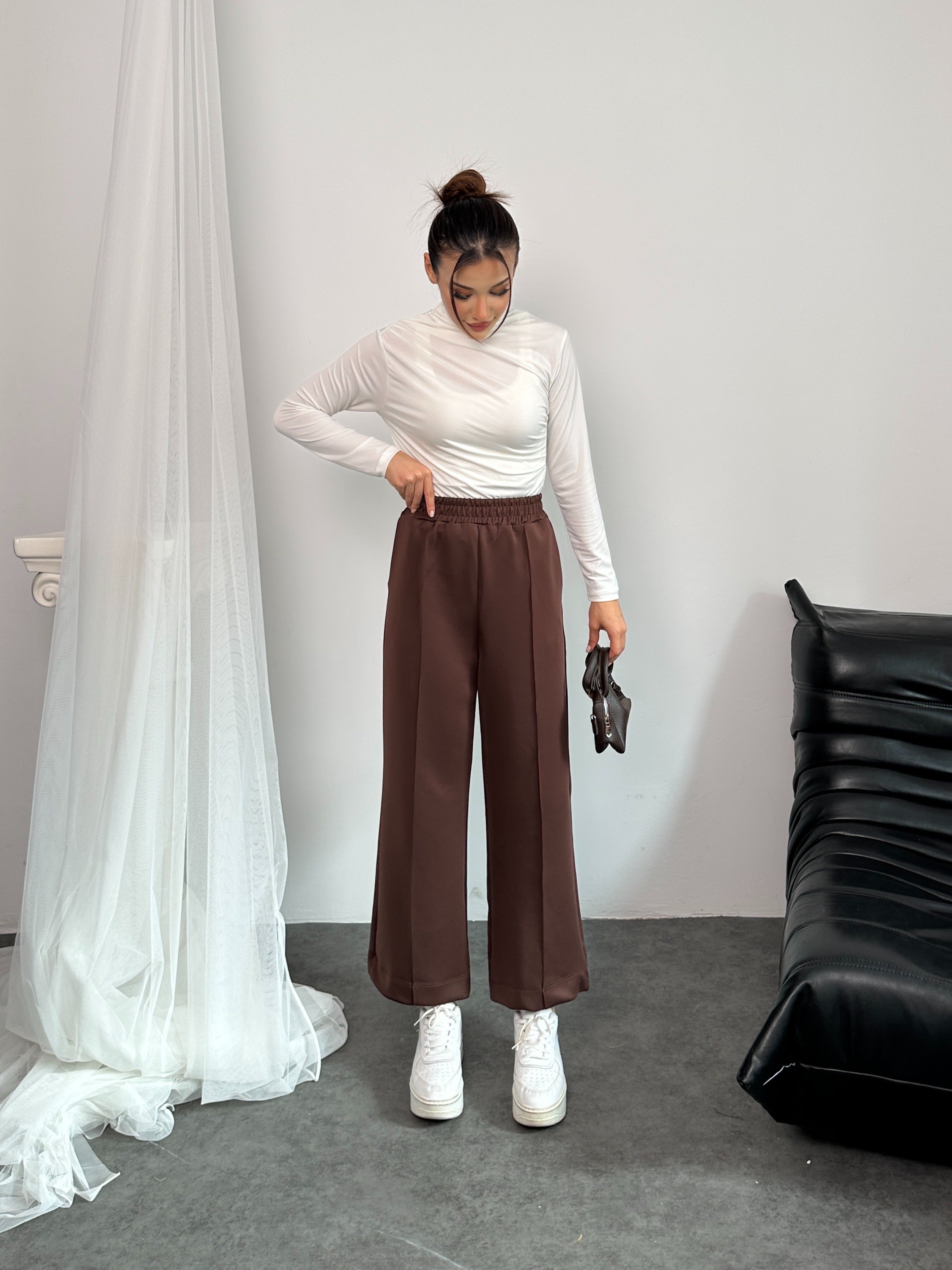 Beli Lastikli Scuba Kumaş Pantolon 8935 - Kahverengi