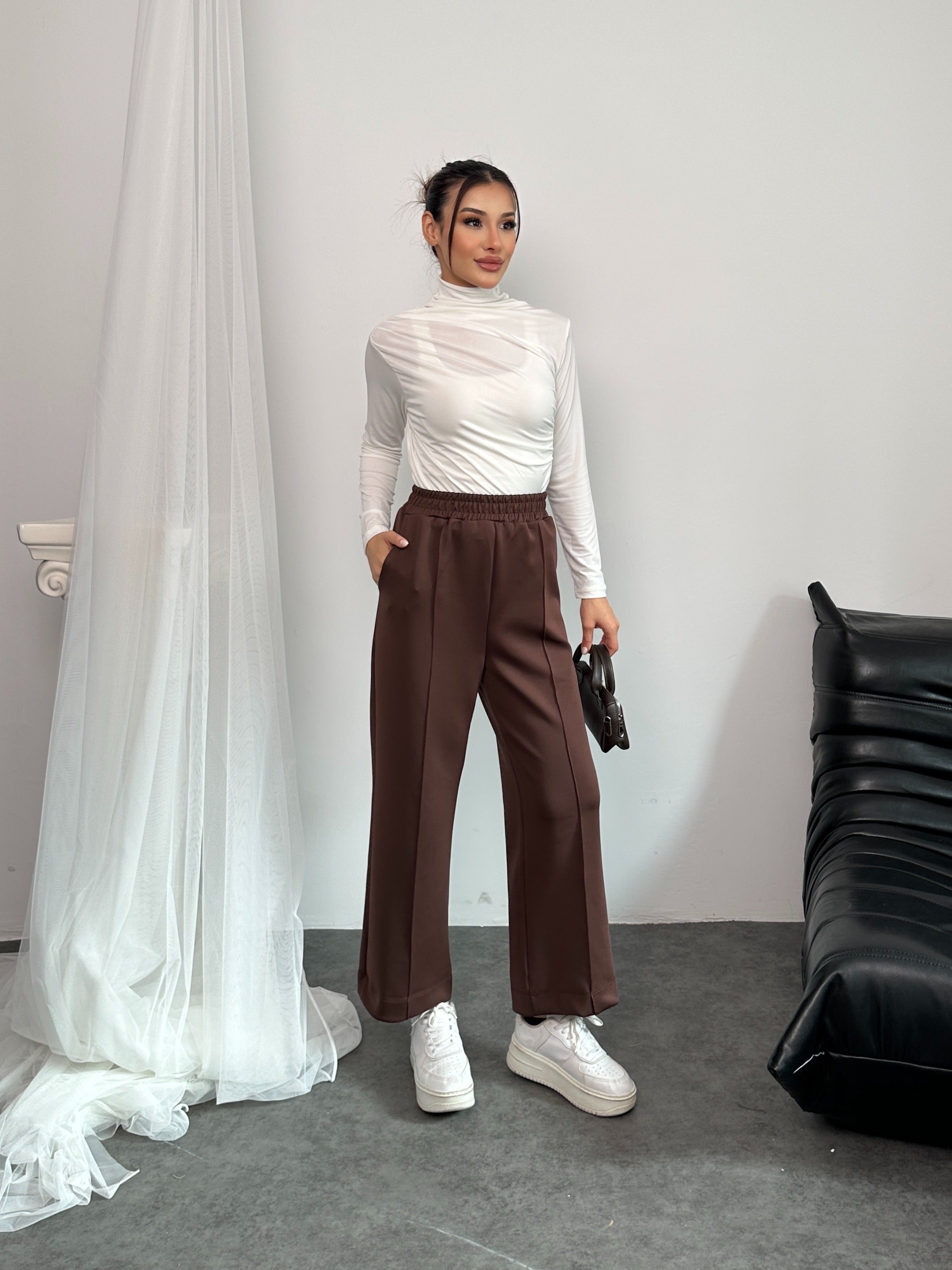 Beli Lastikli Scuba Kumaş Pantolon 8935 - Kahverengi