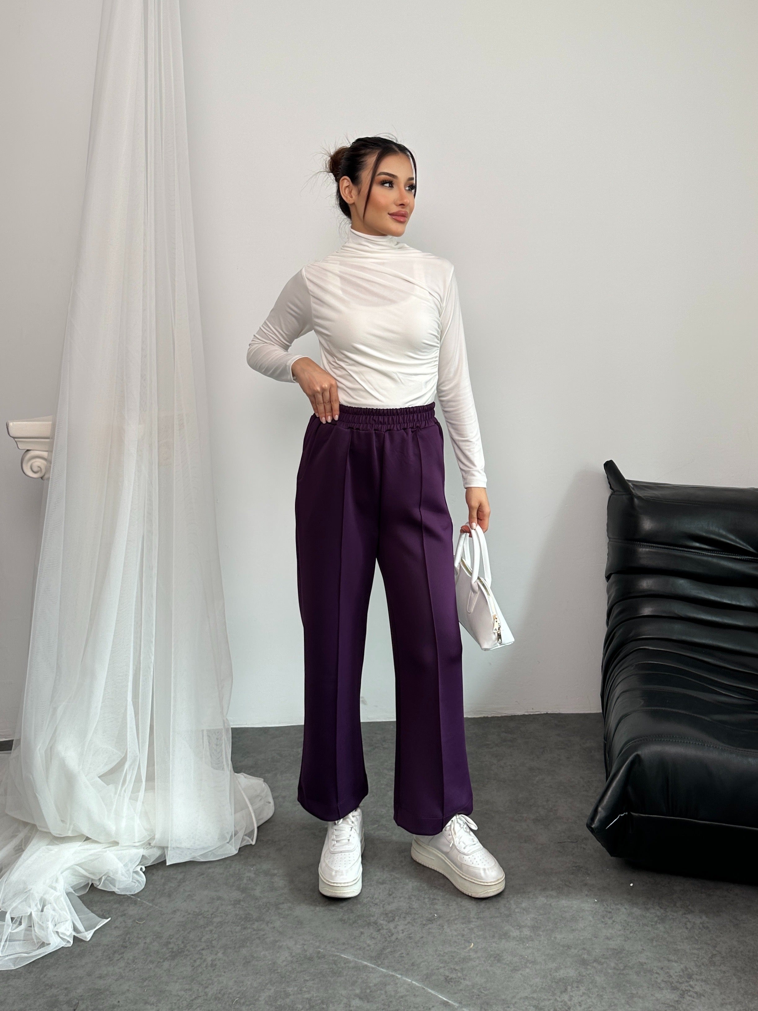 Beli Lastikli Scuba Kumaş Pantolon 8935 - Mor
