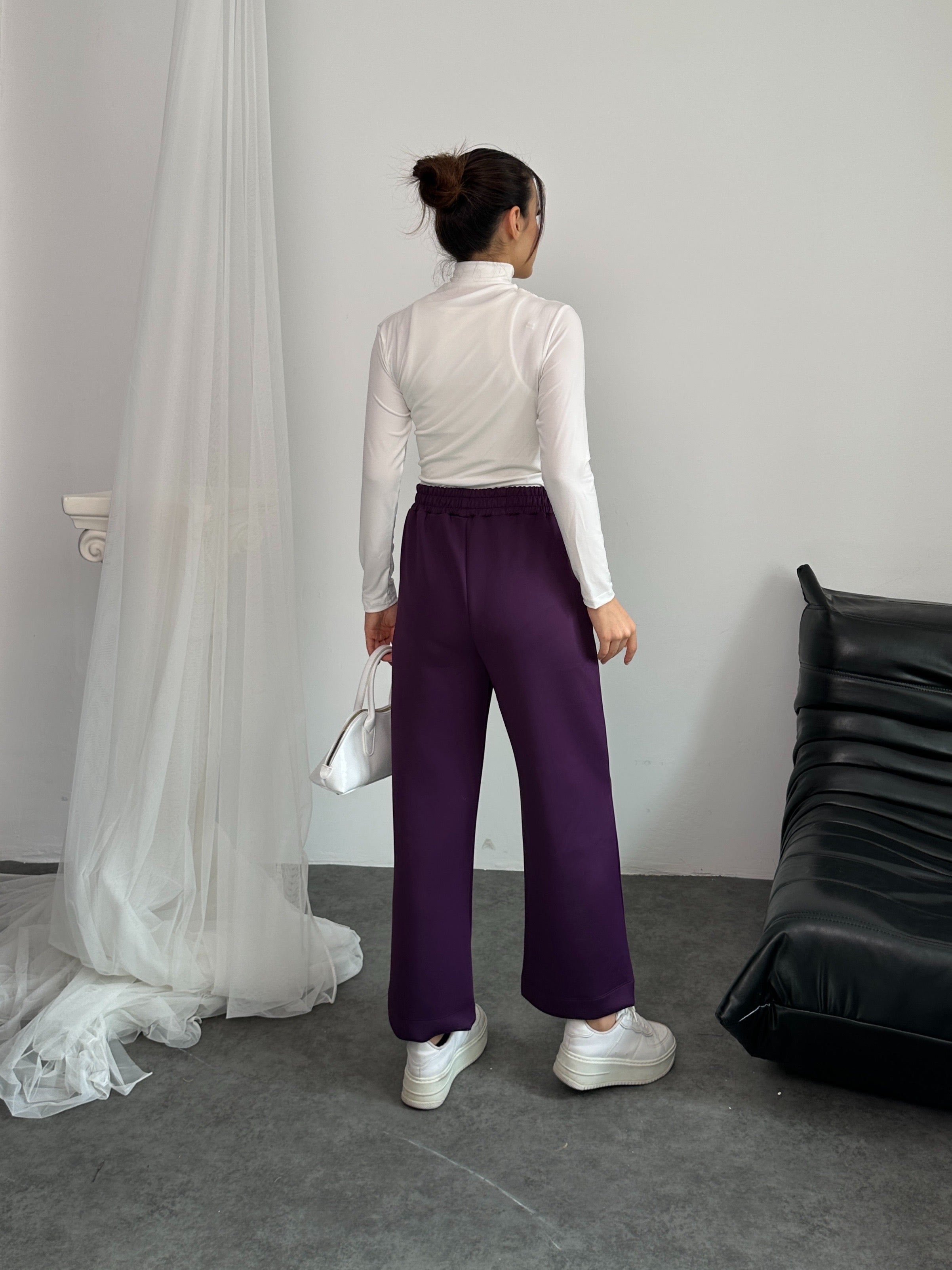 Beli Lastikli Scuba Kumaş Pantolon 8935 - Mor