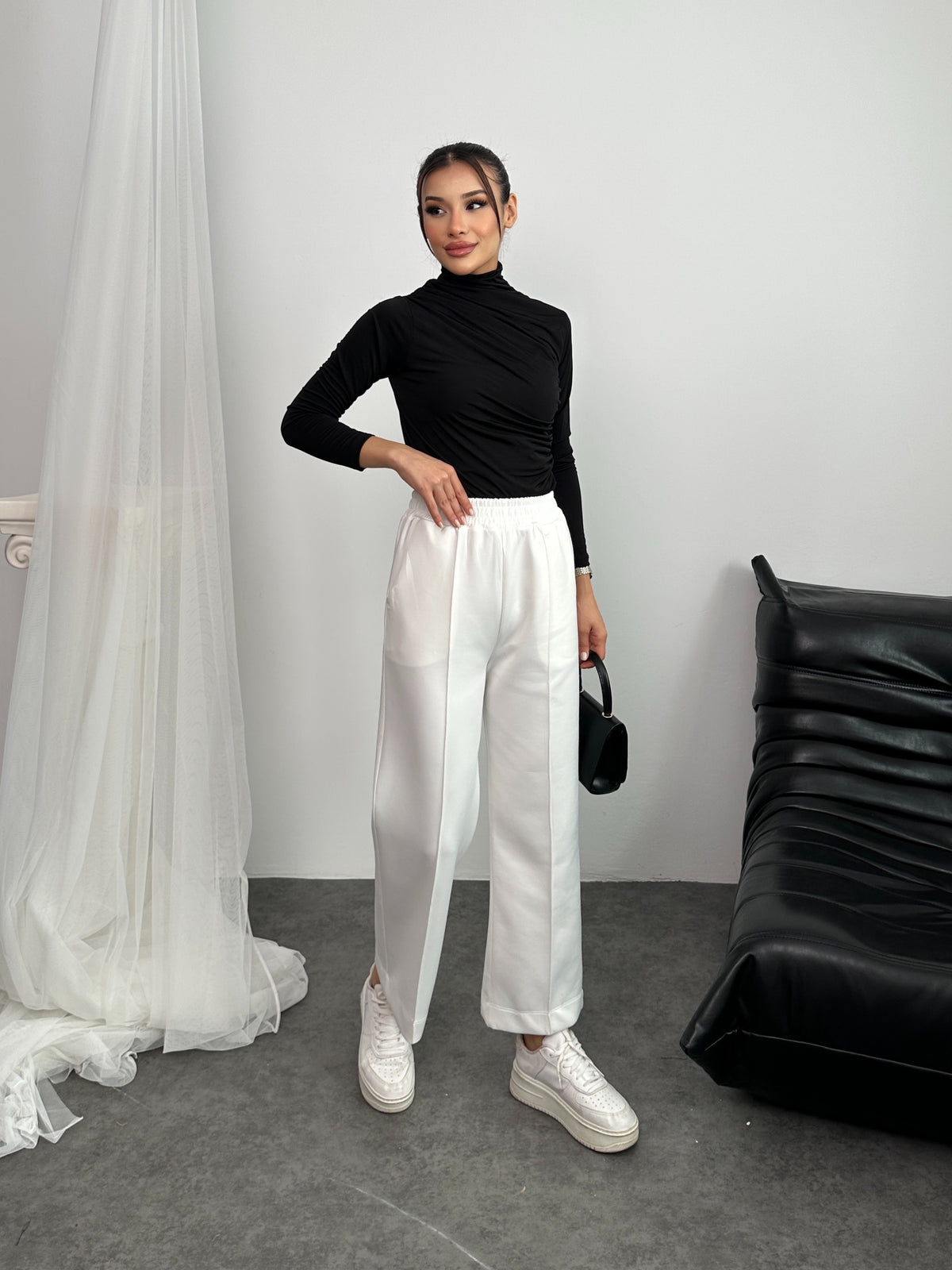 Beli Lastikli Scuba Kumaş Pantolon 8935 - Beyaz