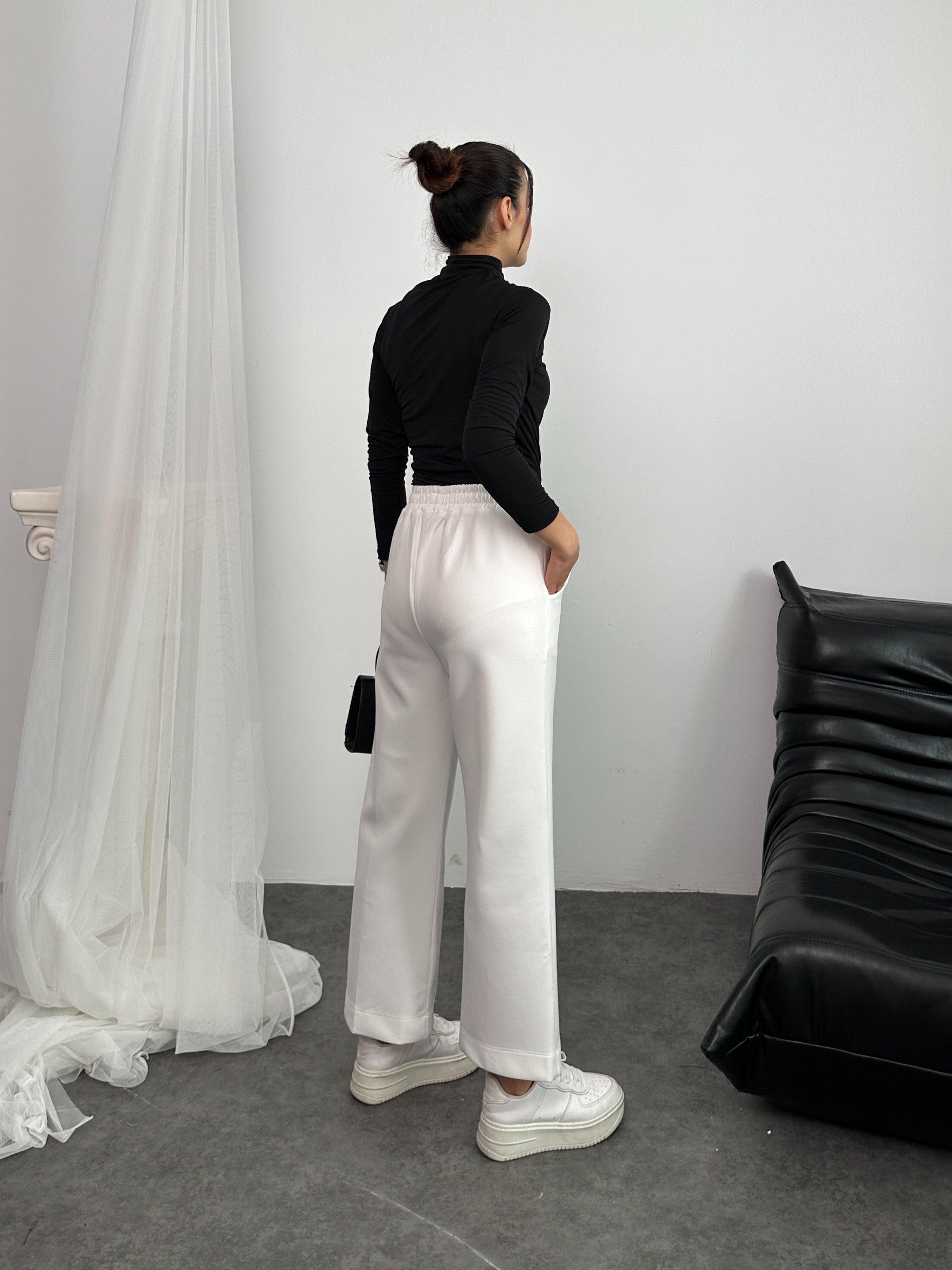 Beli Lastikli Scuba Kumaş Pantolon 8935 - Beyaz