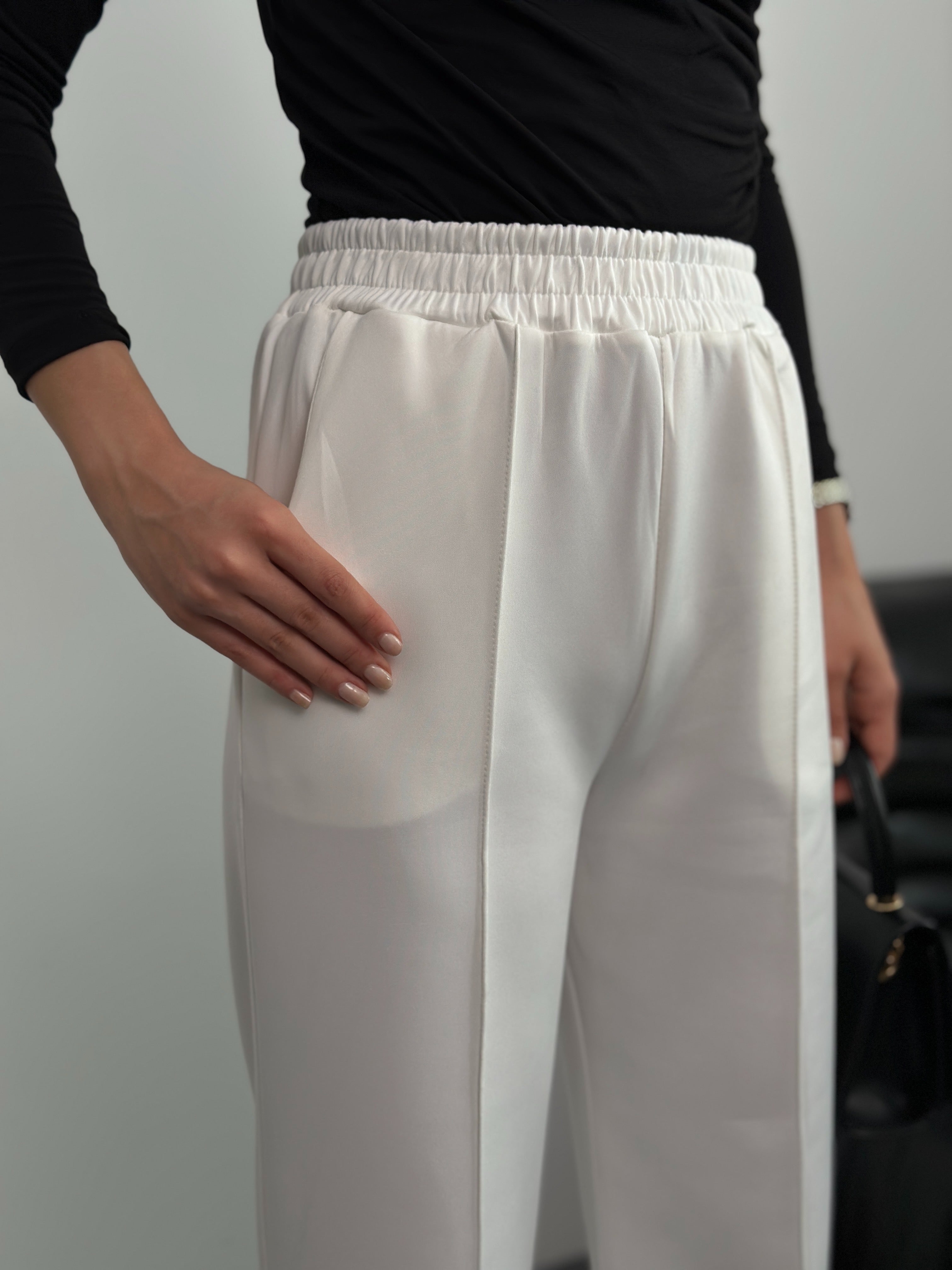 Beli Lastikli Scuba Kumaş Pantolon 8935 - Beyaz