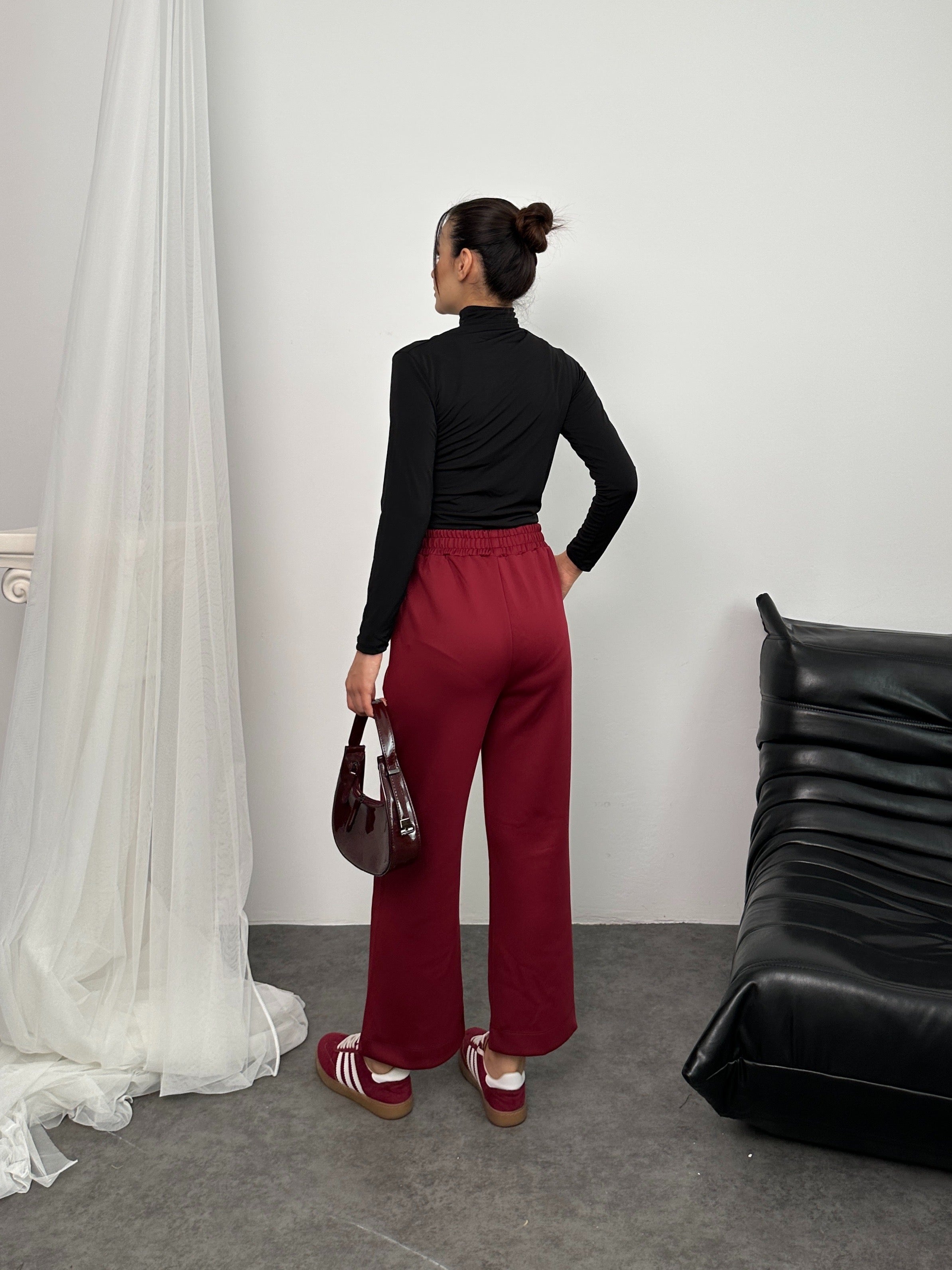 Beli Lastikli Scuba Kumaş Pantolon 8935 - Kırmızı