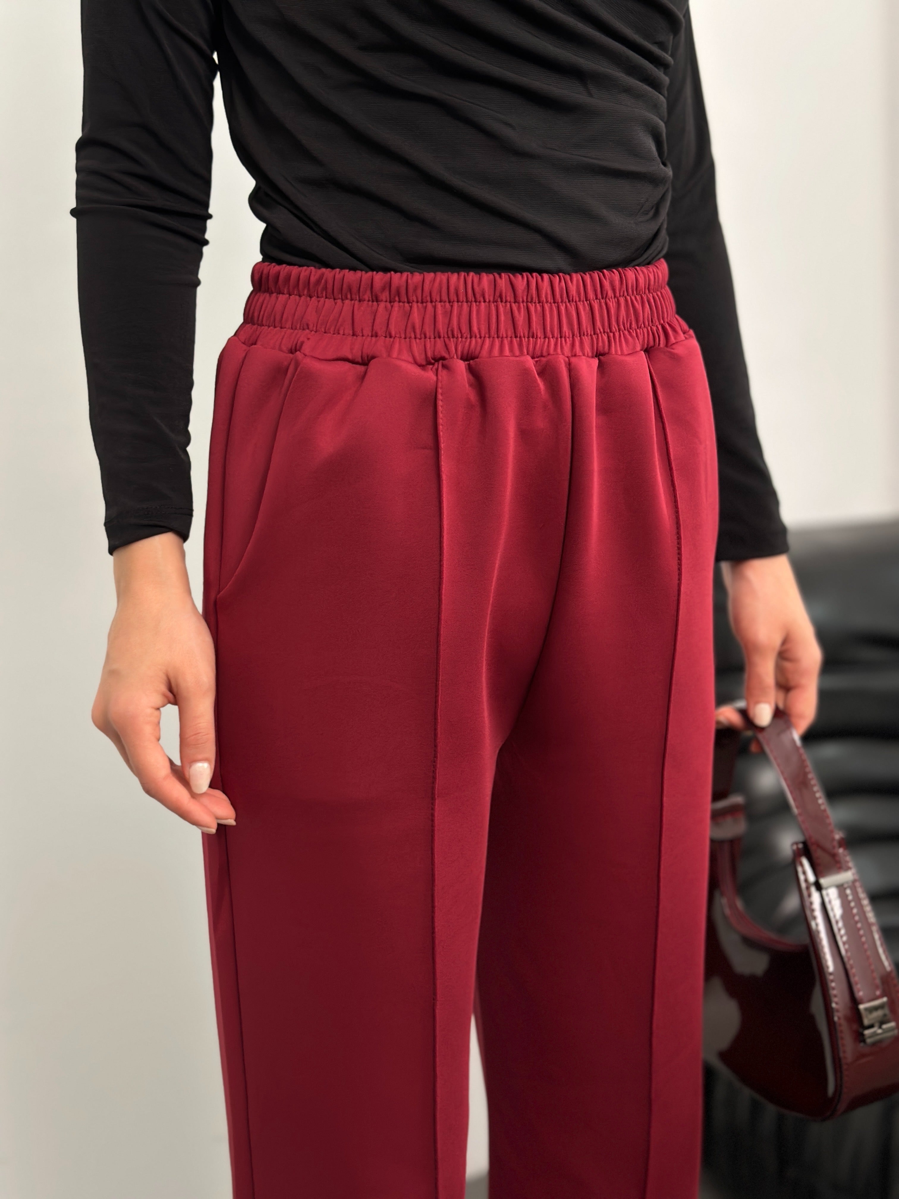 Beli Lastikli Scuba Kumaş Pantolon 8935 - Kırmızı