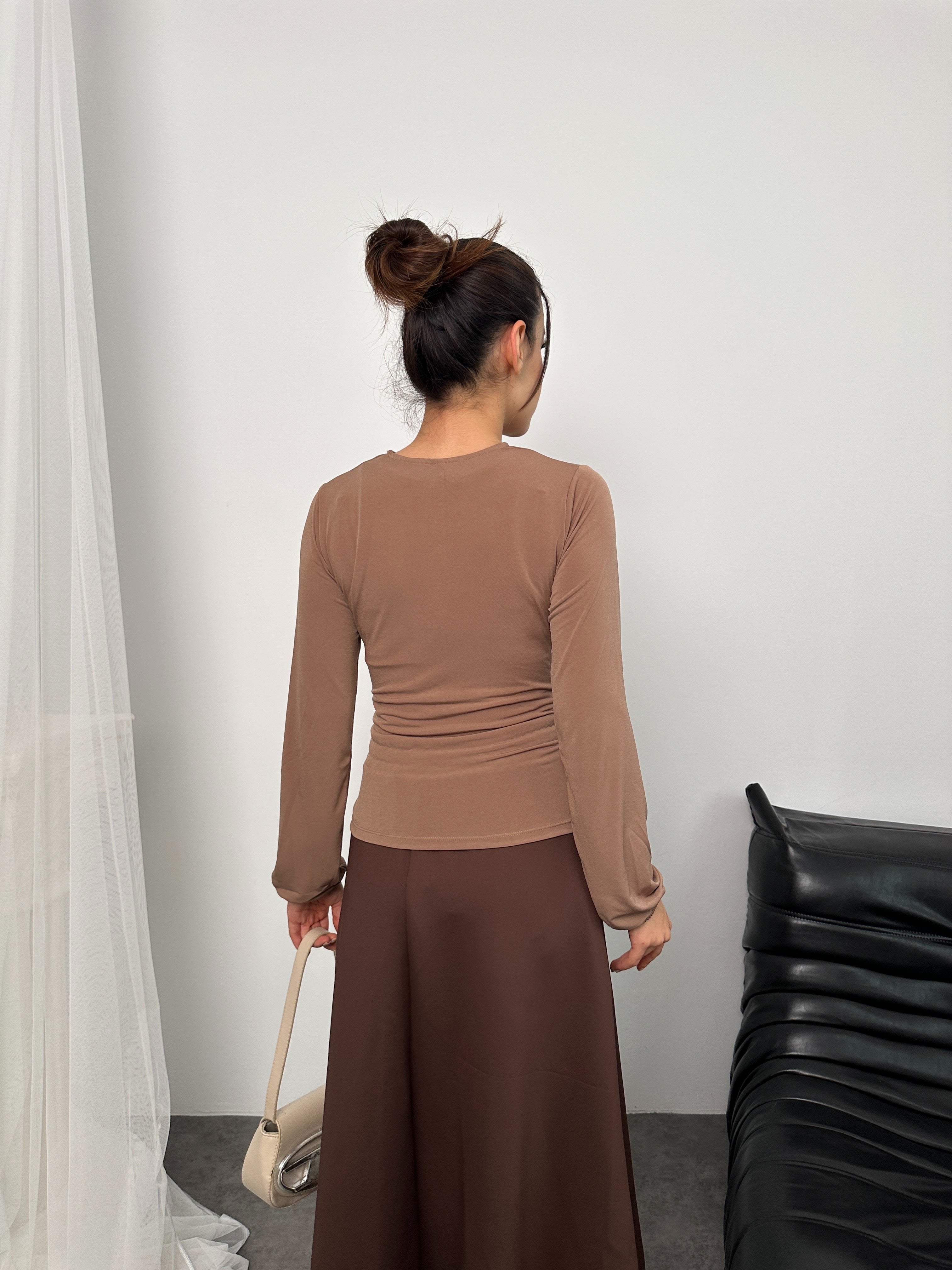Wrap Detaylı Kruvaze Kesim Uzun Kollu Bluz 2000 - Kahverengi