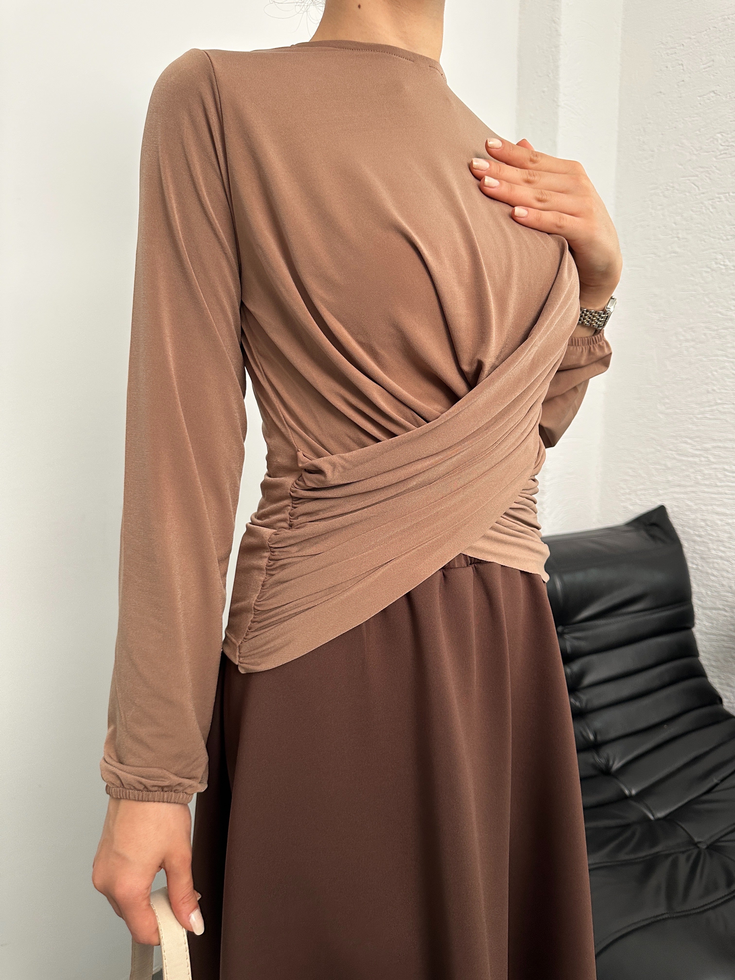 Wrap Detaylı Kruvaze Kesim Uzun Kollu Bluz 2000 - Kahverengi
