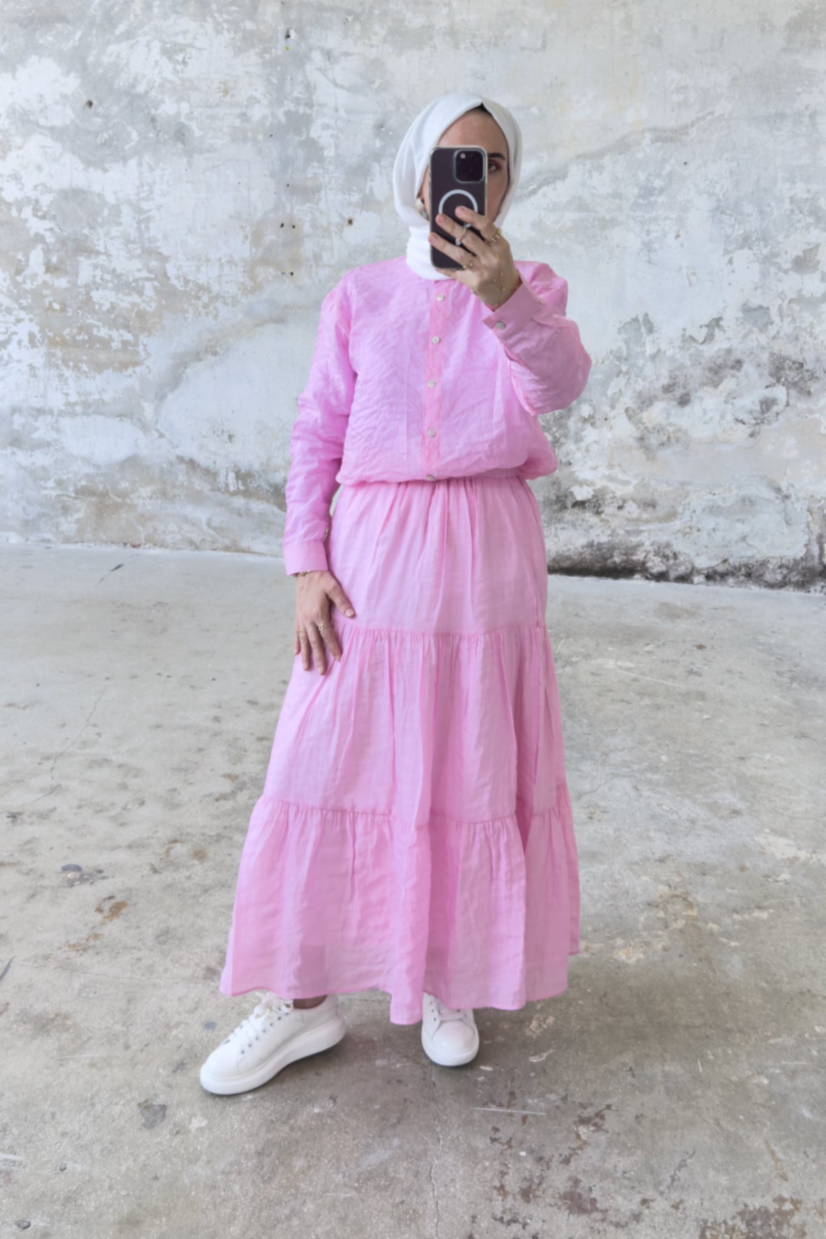 Rahat Kesim Beli Lastikli Kat Kat Uzun Etek 5213 - Pembe