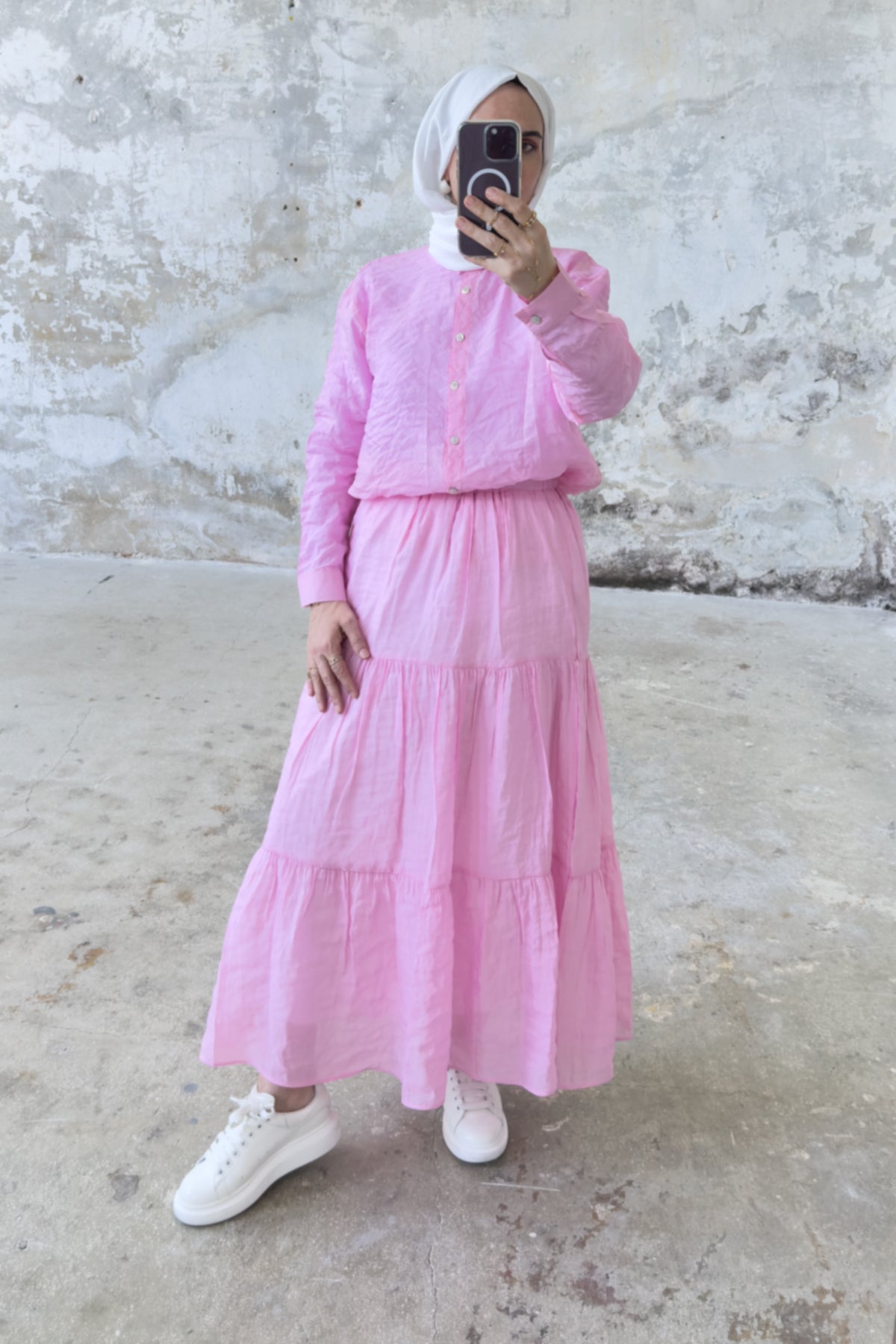 Rahat Kesim Beli Lastikli Kat Kat Uzun Etek 5213 - Pembe