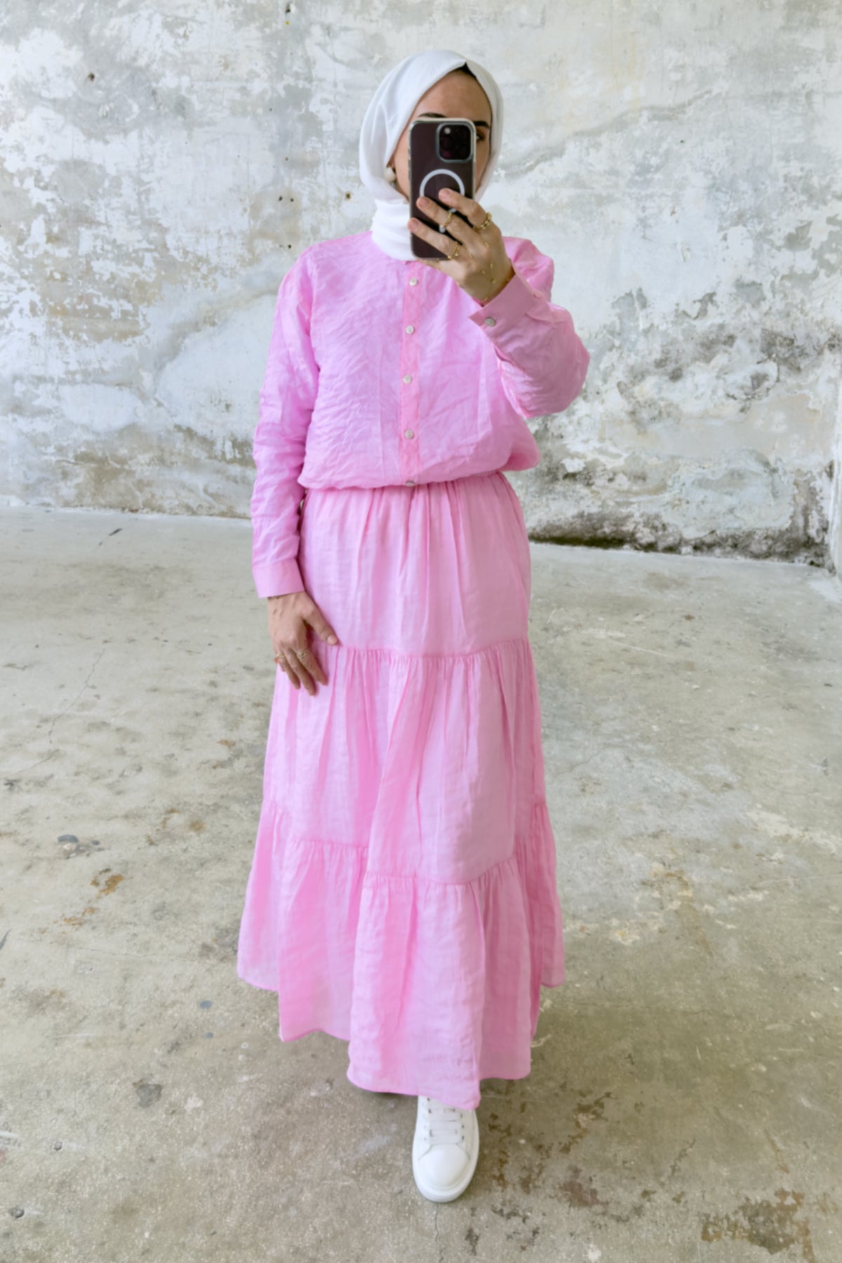 Rahat Kesim Beli Lastikli Kat Kat Uzun Etek 5213 - Pembe
