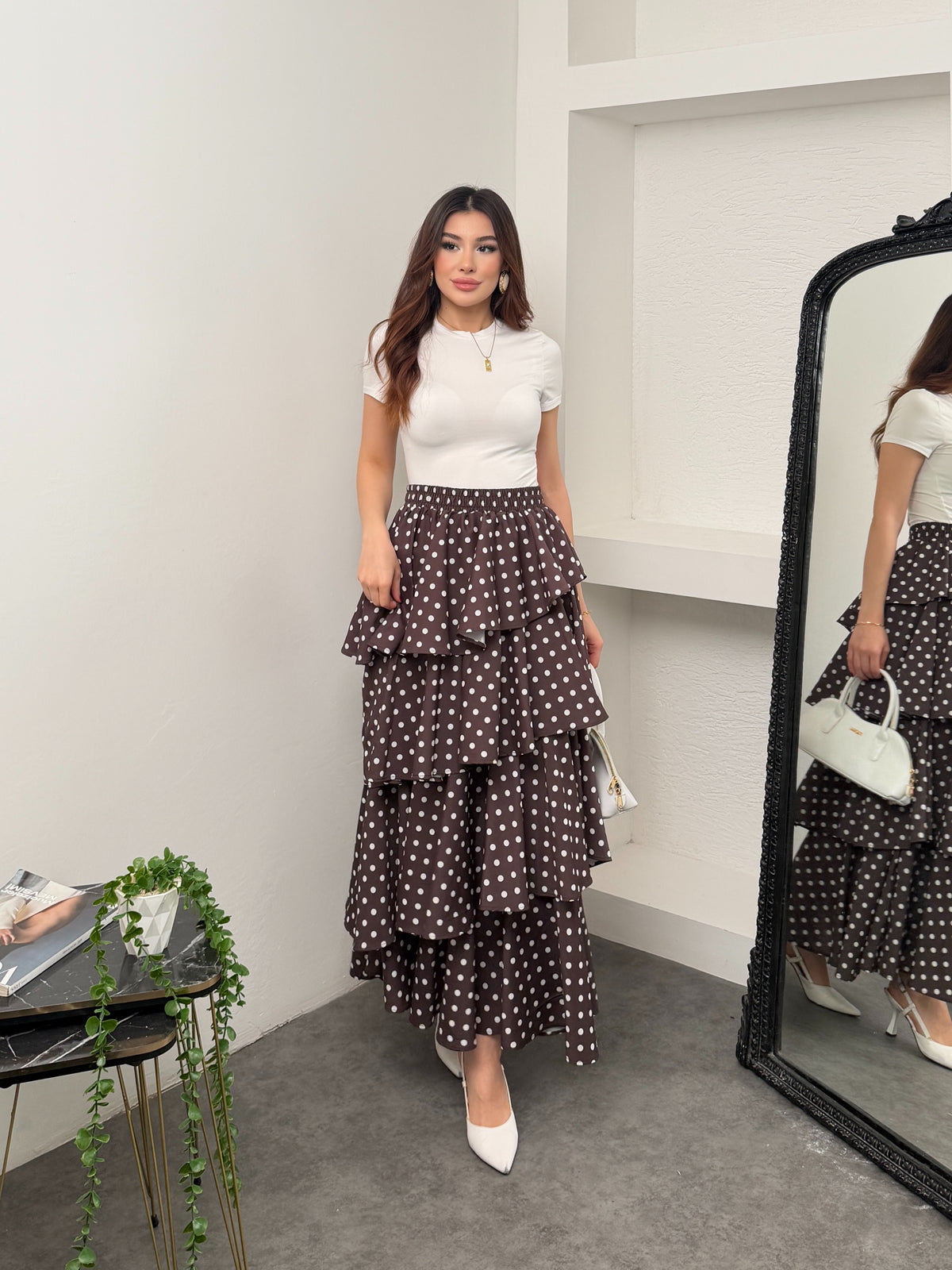 Hatun Atila Poplin Kumaş Puantiyeli Kat Kat Fırfırlı Etek 51931 - Kahverengi
