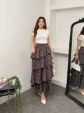 Hatun Atila Poplin Kumaş Puantiyeli Kat Kat Fırfırlı Etek 51931 - Kahverengi