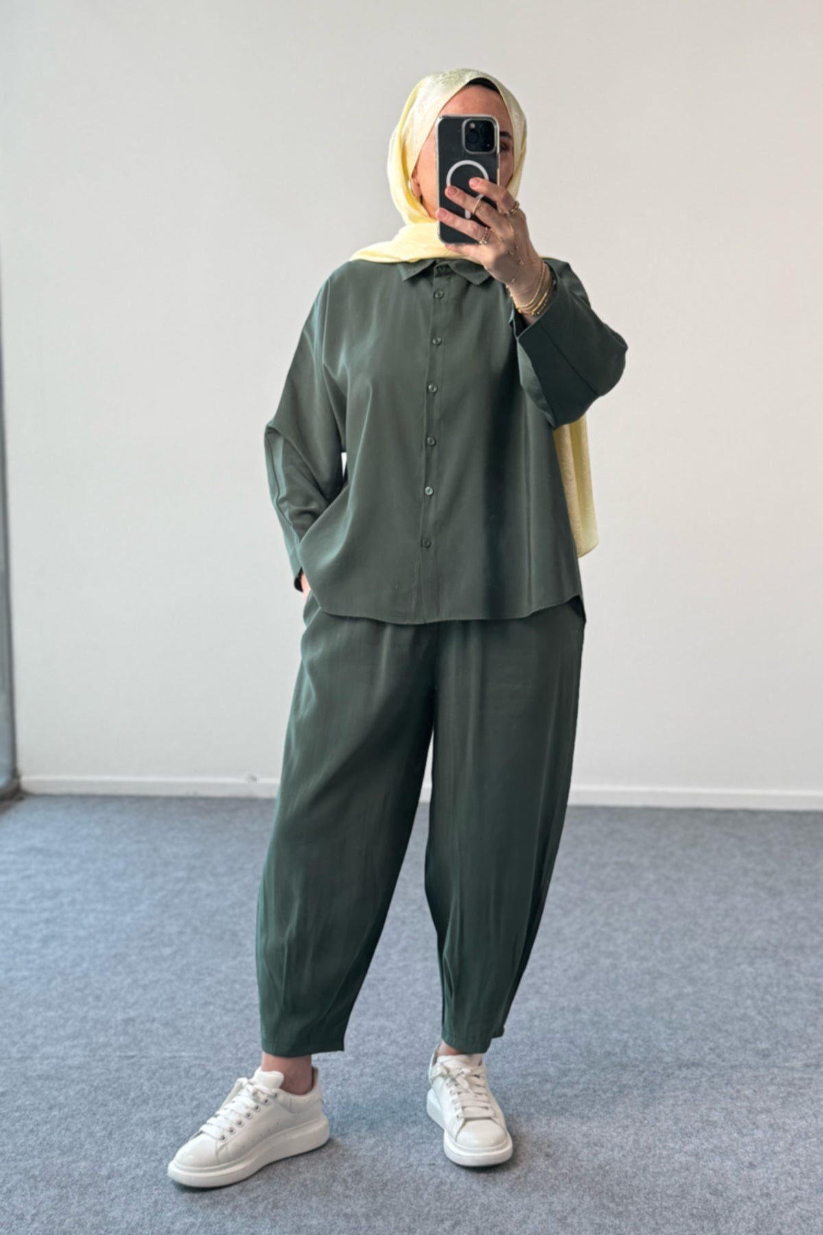 Modal Kumaş Oversize Gömlekli Şalvar Pantolonlu İkili Takım 5210 - Haki