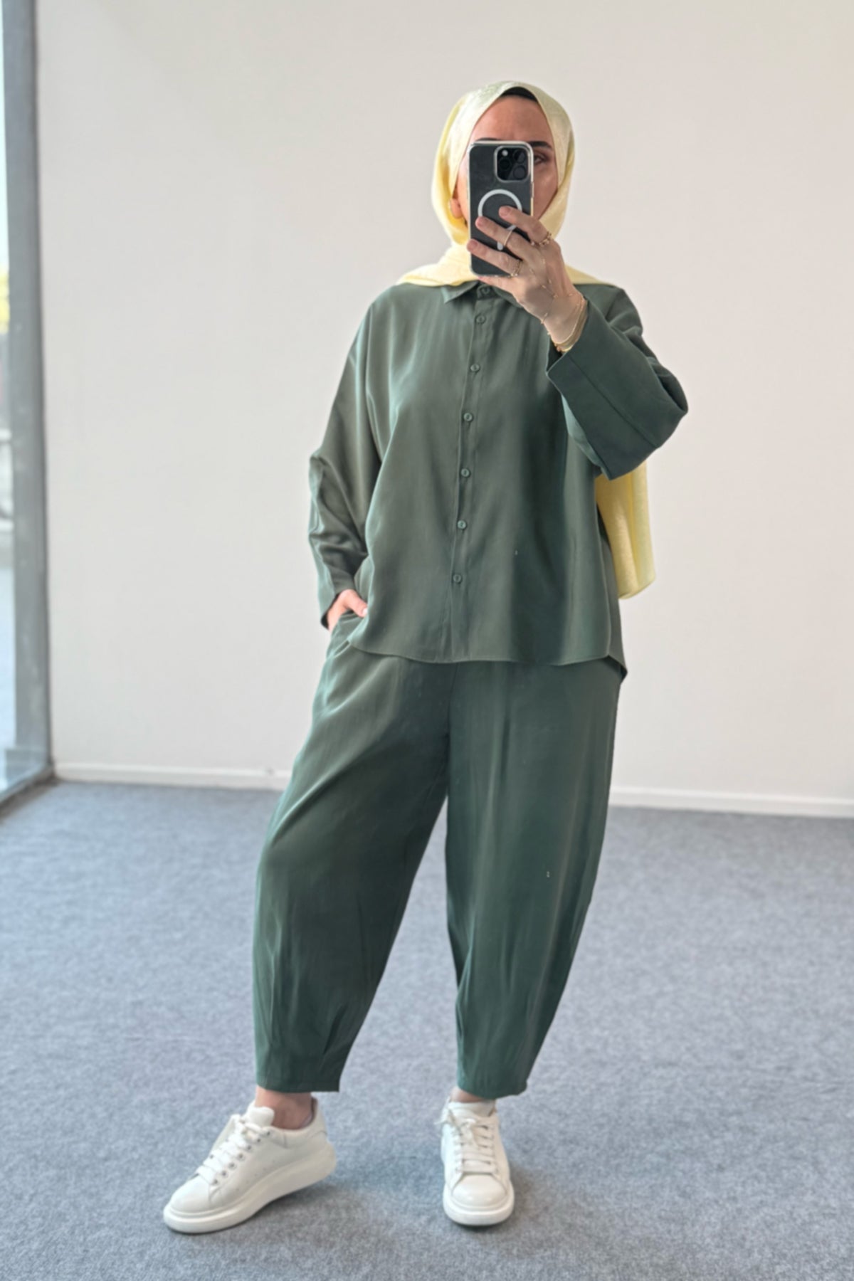 Modal Kumaş Oversize Gömlekli Şalvar Pantolonlu İkili Takım 5210 - Haki