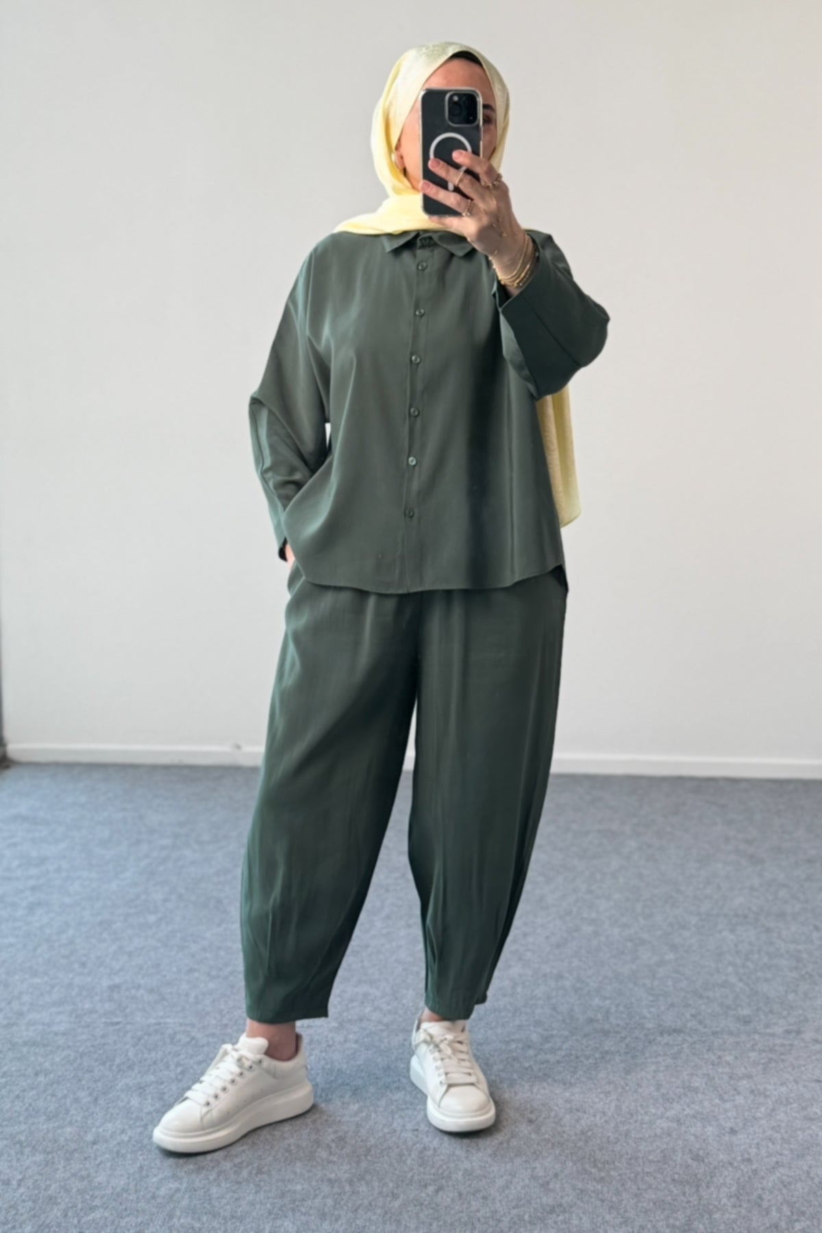 Modal Kumaş Oversize Gömlekli Şalvar Pantolonlu İkili Takım 5210 - Haki