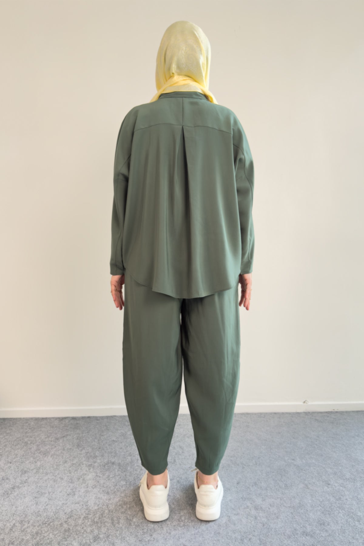 Modal Kumaş Oversize Gömlekli Şalvar Pantolonlu İkili Takım 5210 - Haki