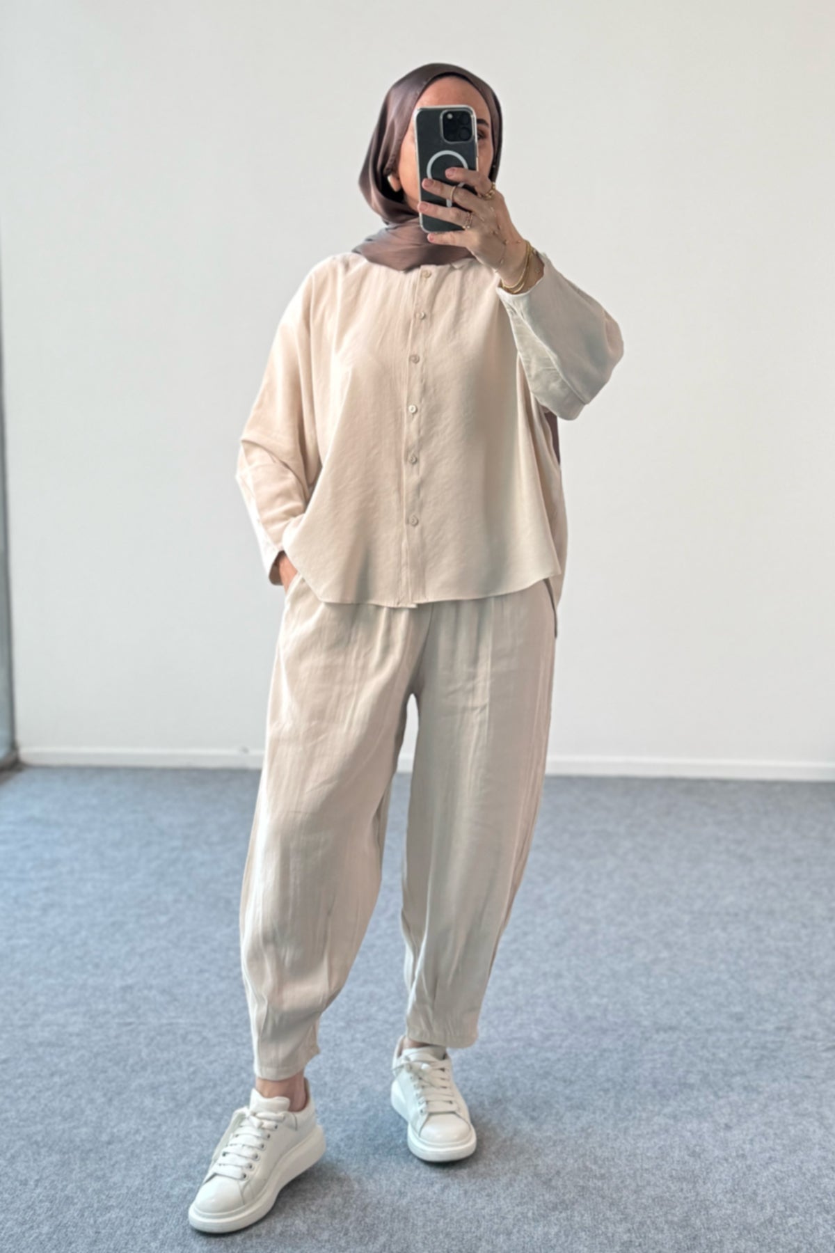 Modal Kumaş Oversize Gömlekli Şalvar Pantolonlu İkili Takım 5210 - Bej