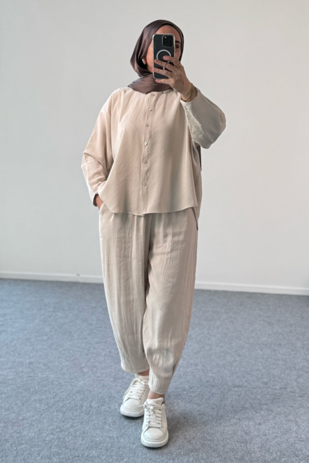 Modal Kumaş Oversize Gömlekli Şalvar Pantolonlu İkili Takım 5210 - Bej
