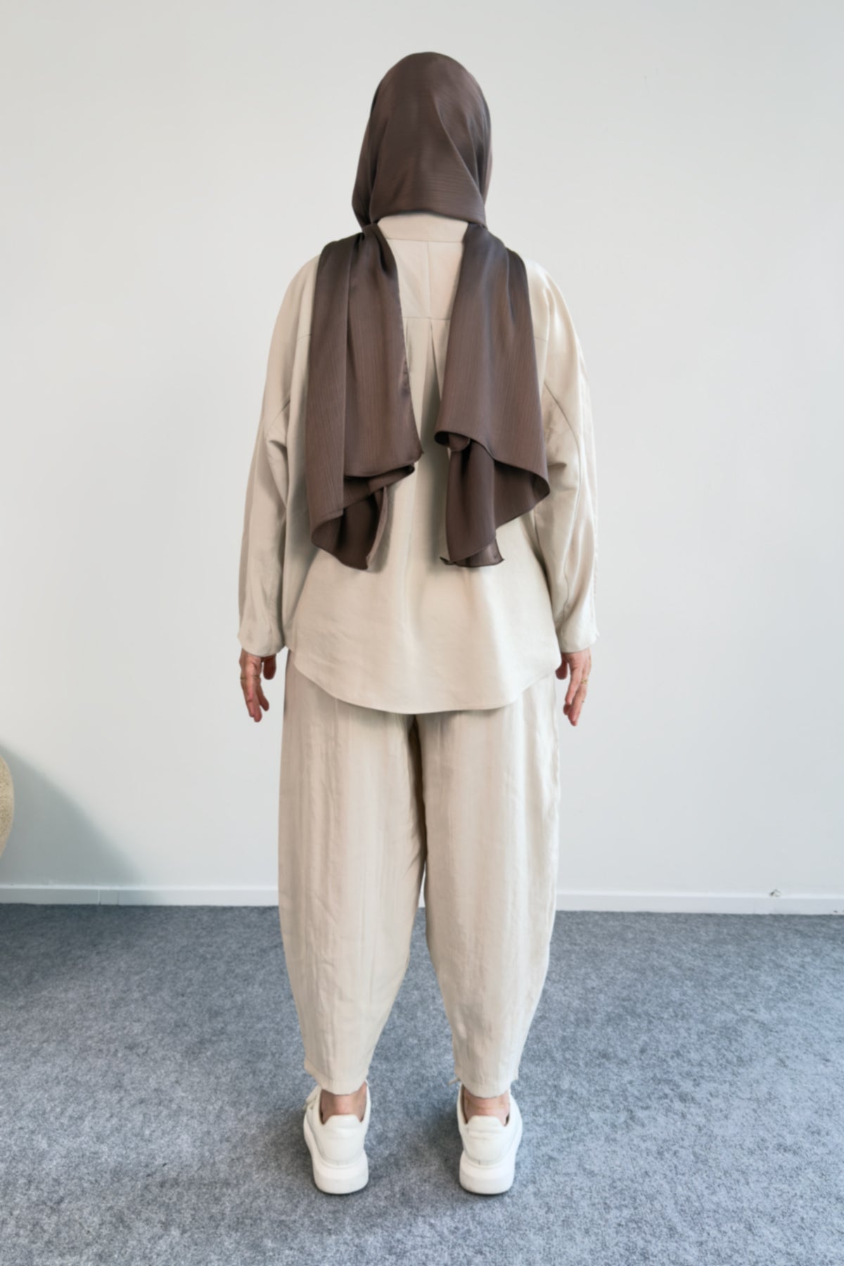 Modal Kumaş Oversize Gömlekli Şalvar Pantolonlu İkili Takım 5210 - Bej