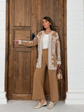 Nakış  Desenli Uzun Triko Hırka Takım 3077 -Camel