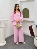 Tek Gold Düğmeli V Yaka Geniş Kol Bürümcük Dokulu Kimono Pantolon Takım 9110 - Pembe