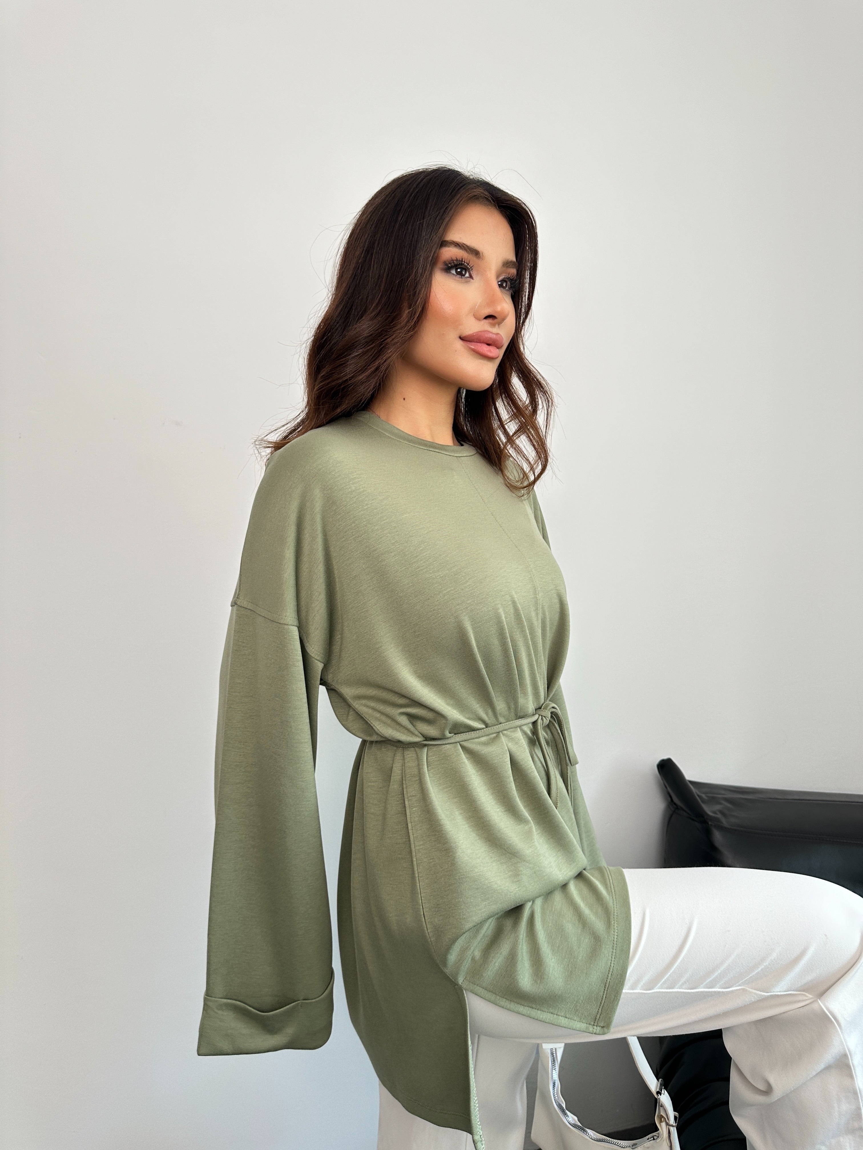 Kadın Bel Bağlamalı Kol Detaylı Tunik 8896 - Yeşil