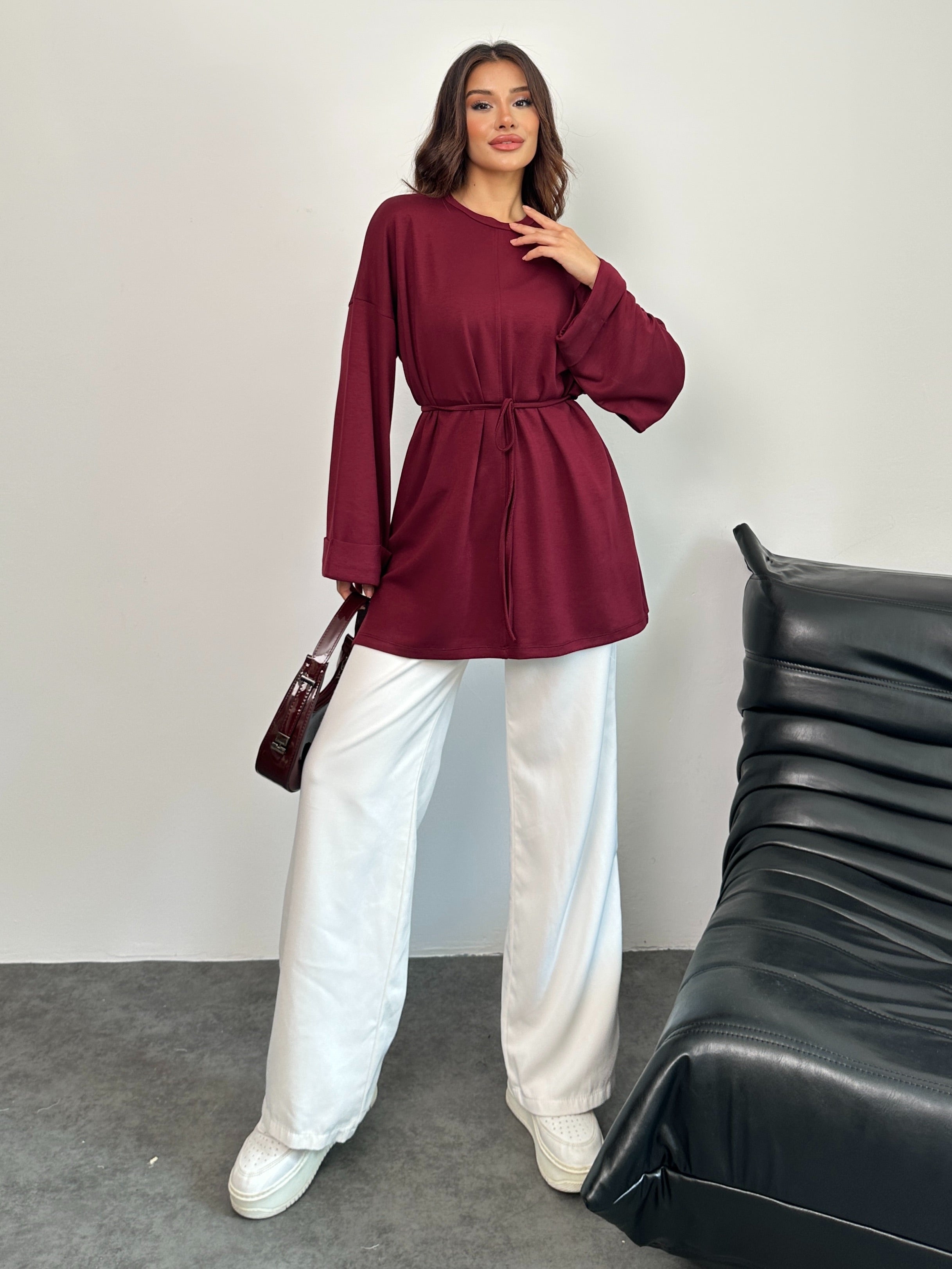 Kadın Bel Bağlamalı Kol Detaylı Tunik 8896 - Bordo