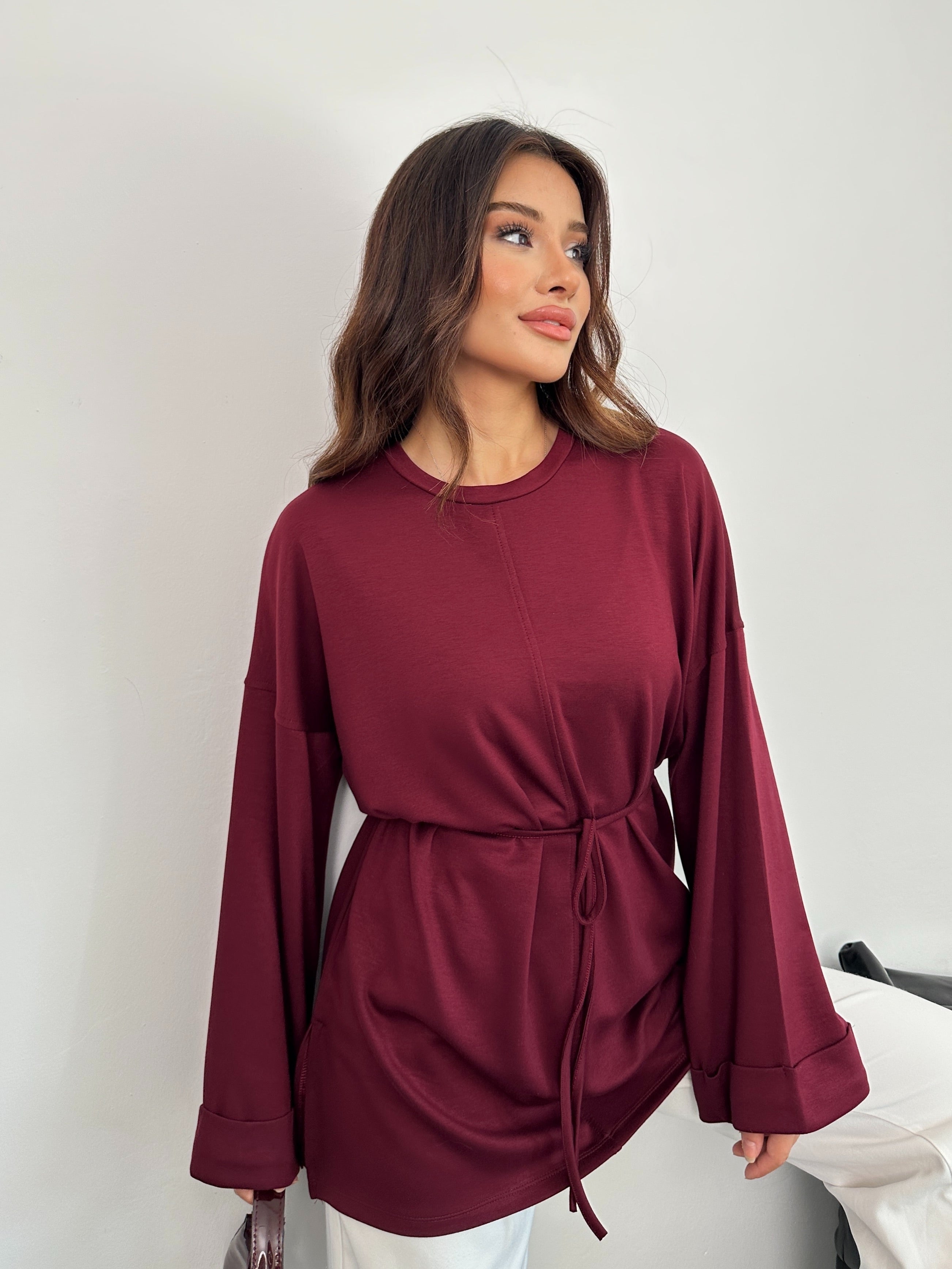 Kadın Bel Bağlamalı Kol Detaylı Tunik 8896 - Bordo