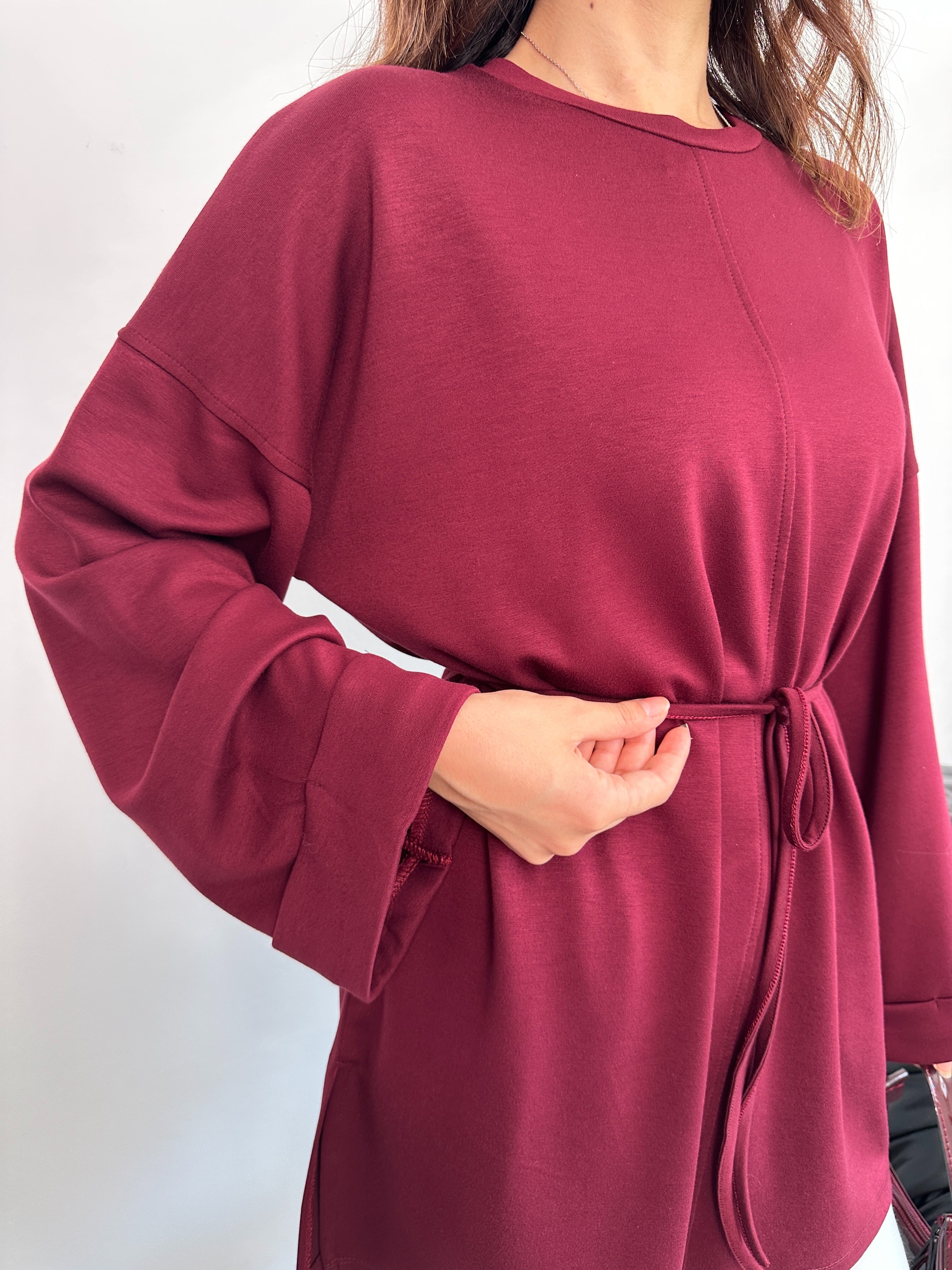 Kadın Bel Bağlamalı Kol Detaylı Tunik 8896 - Bordo