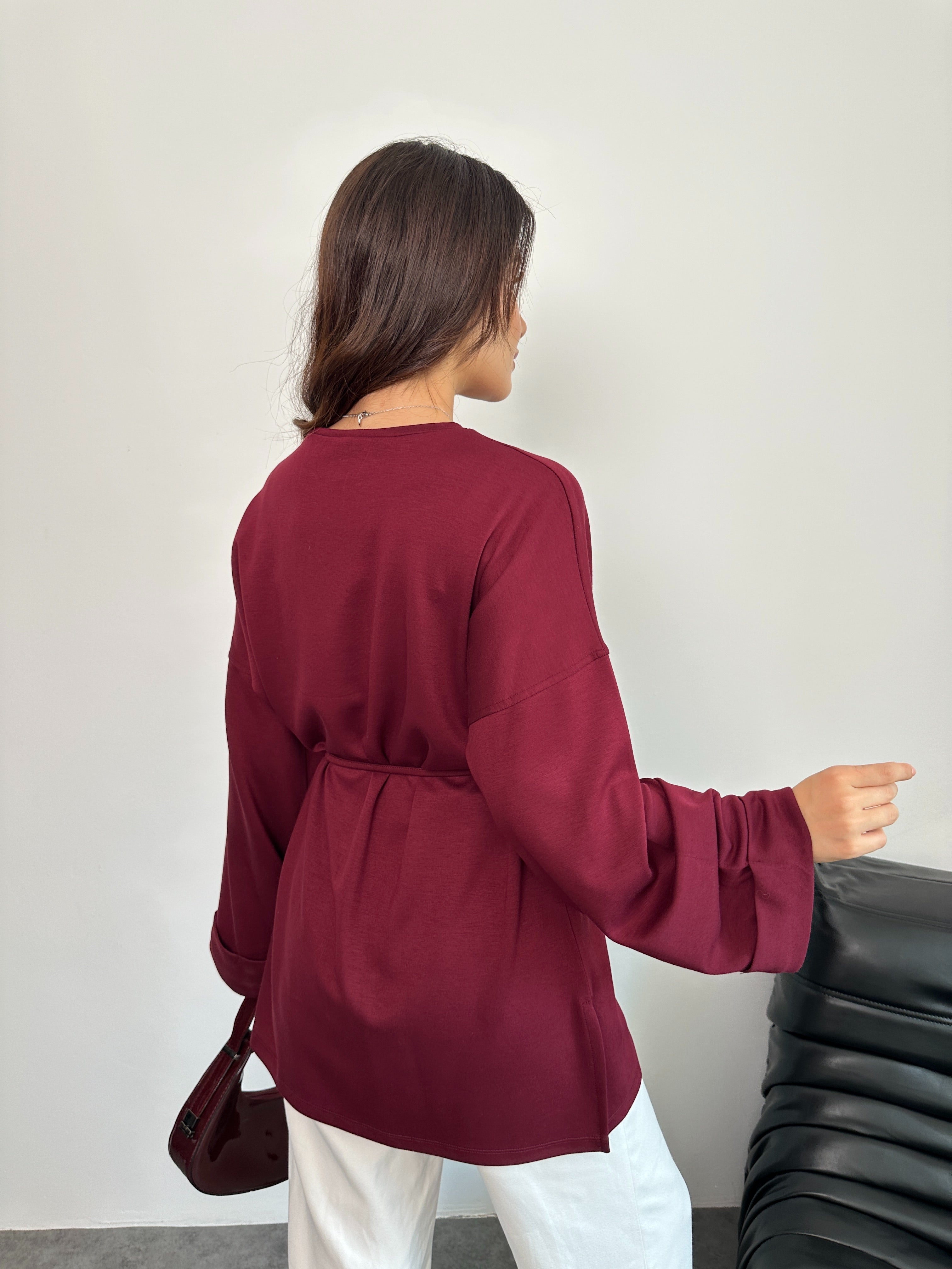 Kadın Bel Bağlamalı Kol Detaylı Tunik 8896 - Bordo