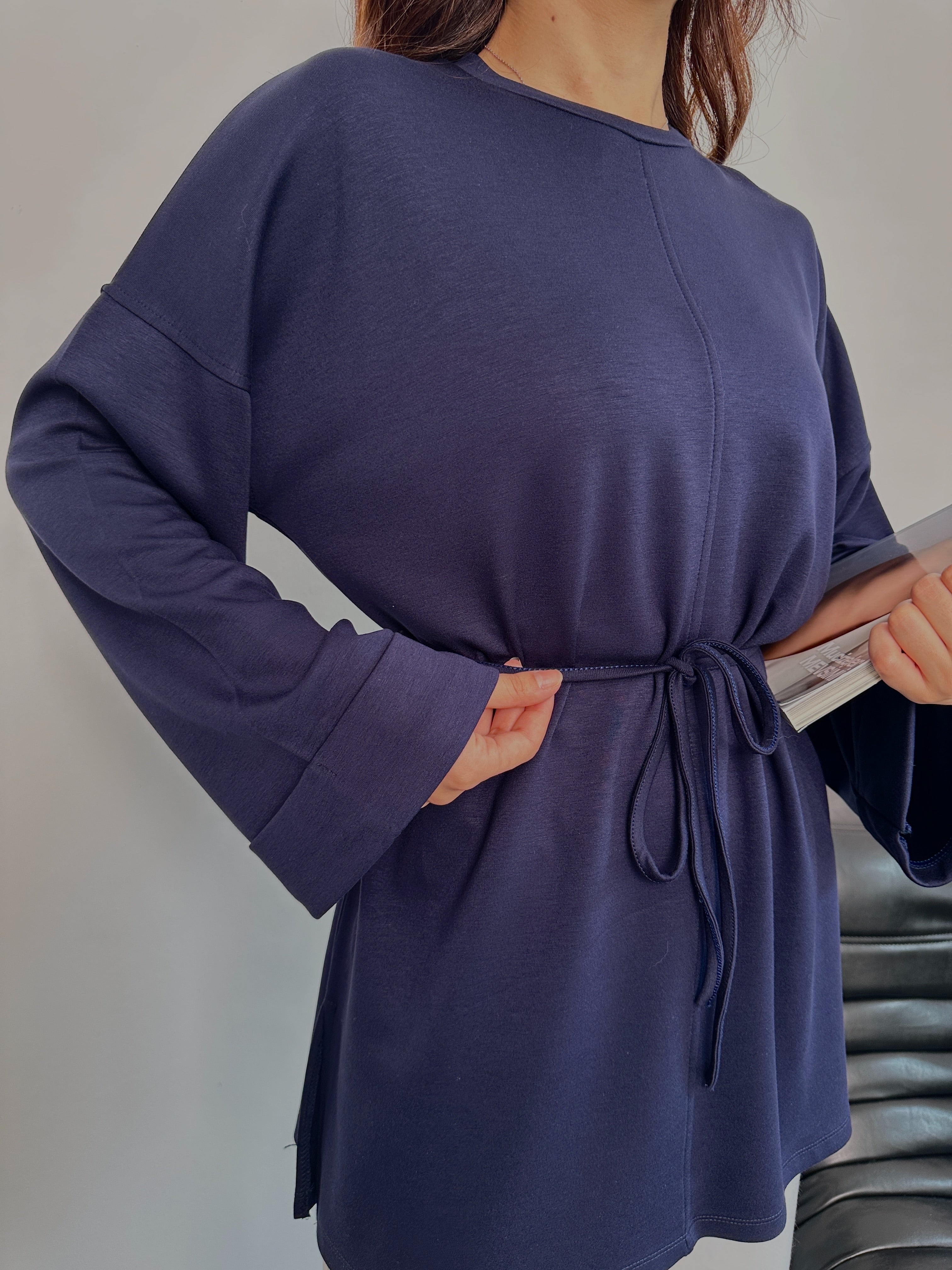 Kadın Bel Bağlamalı Kol Detaylı Tunik 8896 - Lacivert