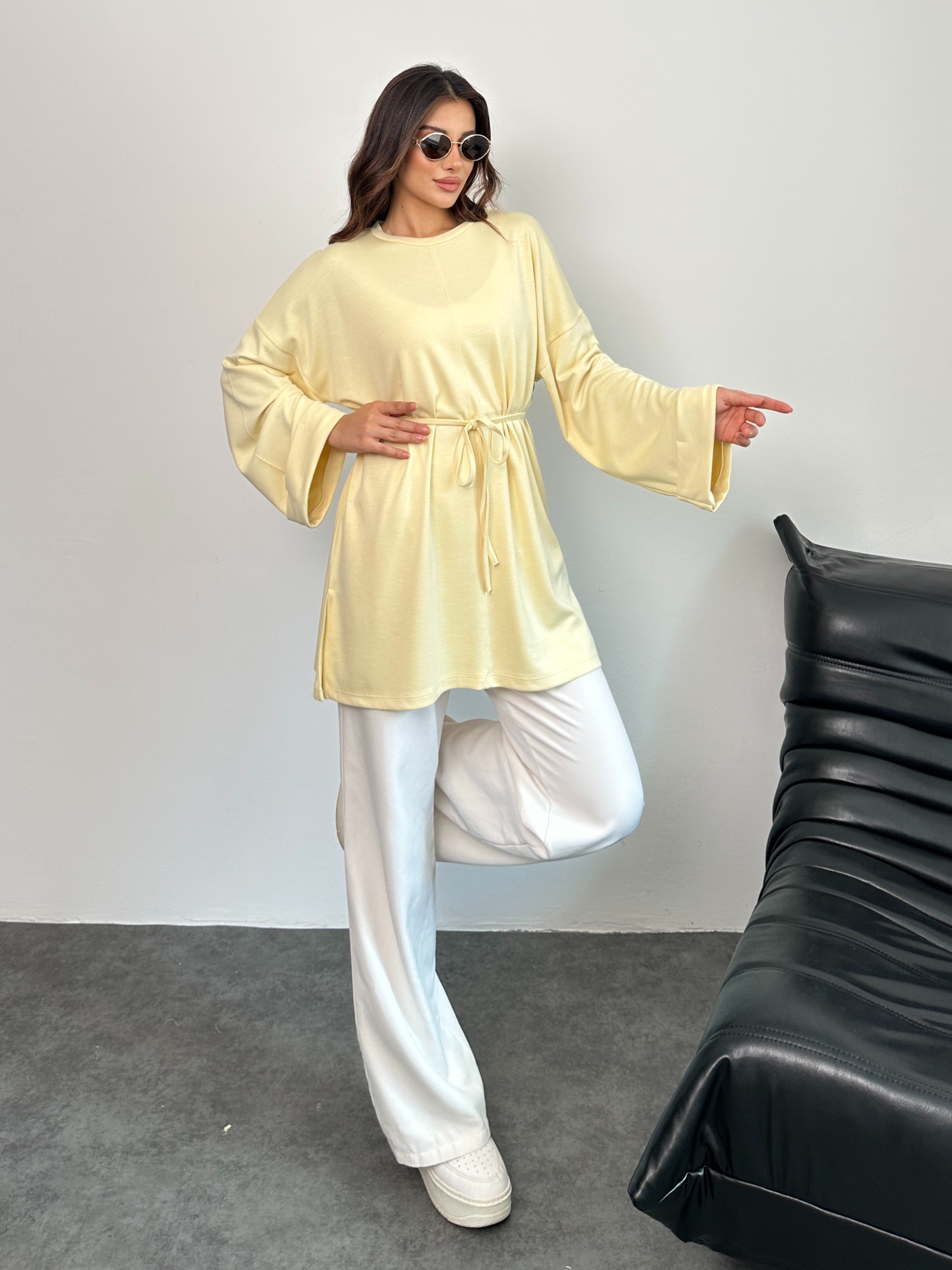 Kadın Bel Bağlamalı Kol Detaylı Tunik 8896 - Sarı