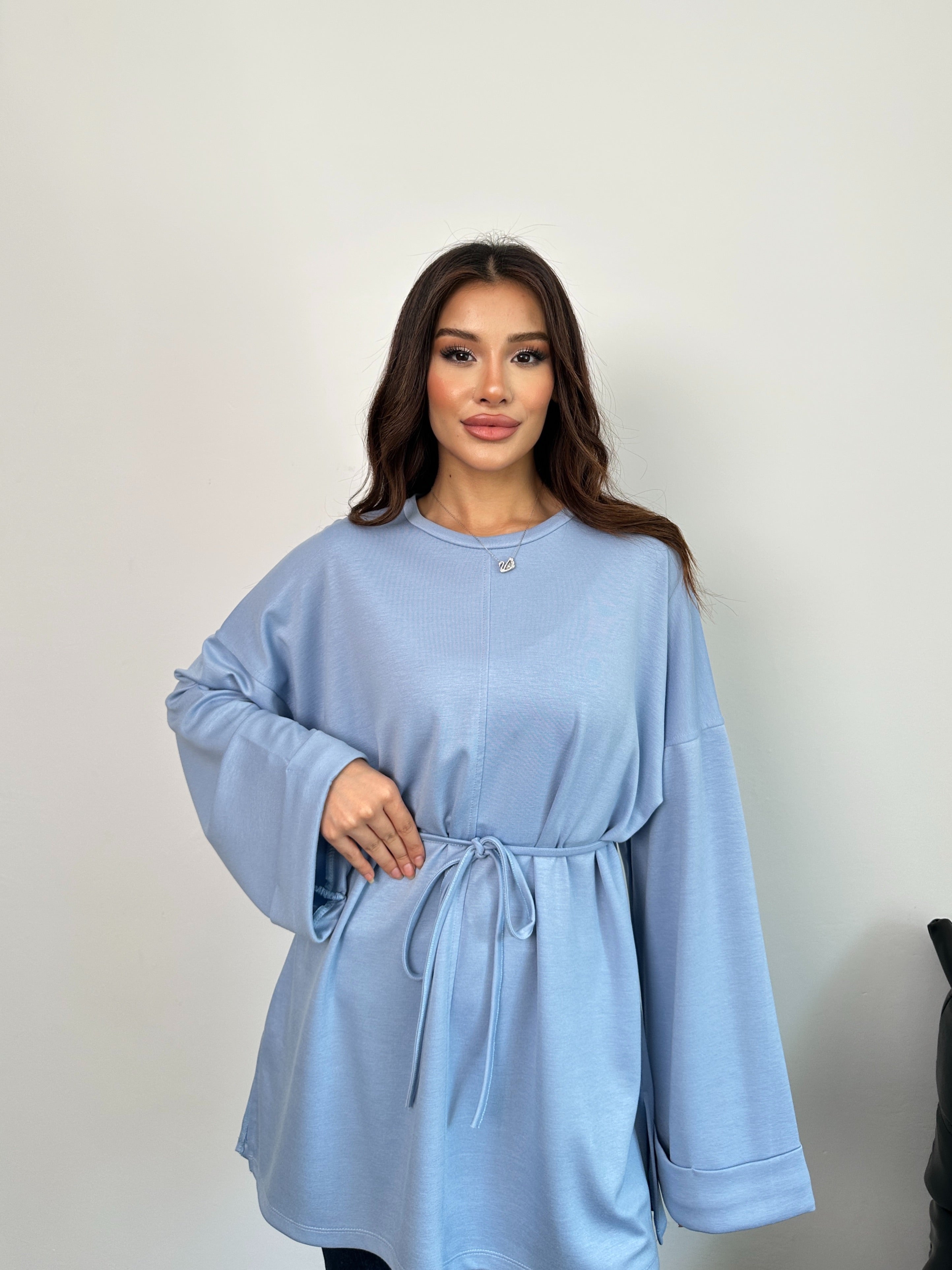 Kadın Bel Bağlamalı Kol Detaylı Tunik 8896 - Mavi