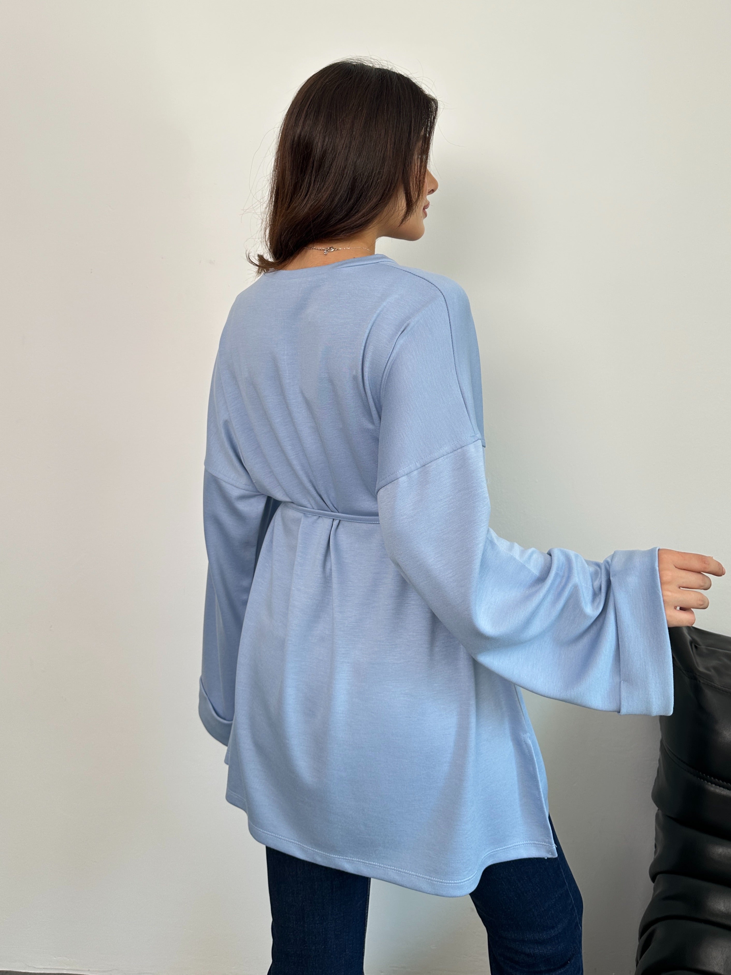 Kadın Bel Bağlamalı Kol Detaylı Tunik 8896 - Mavi