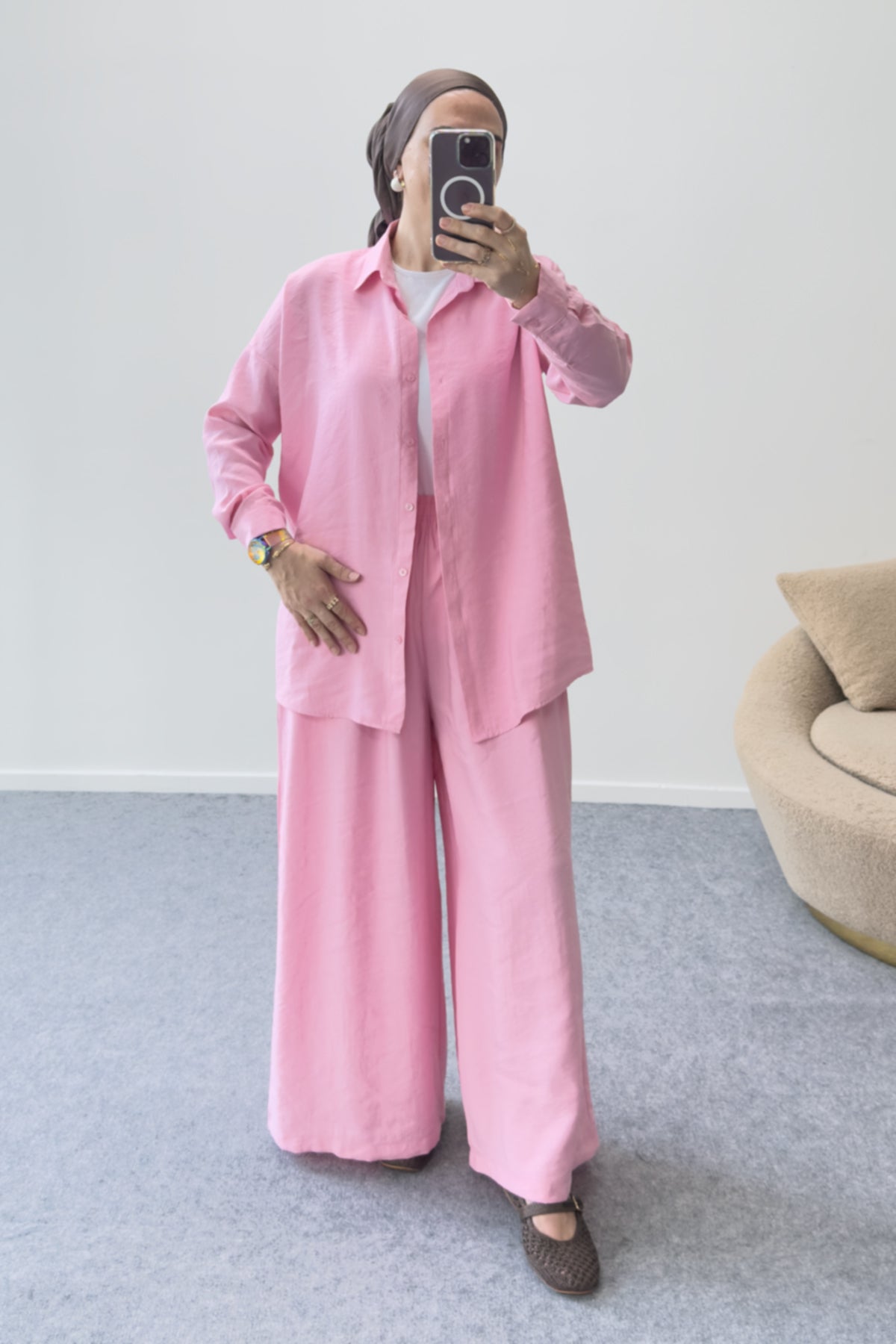 Hatun Atila Modal Kumaş Gömlekli İkili Takım 5203 - Pembe