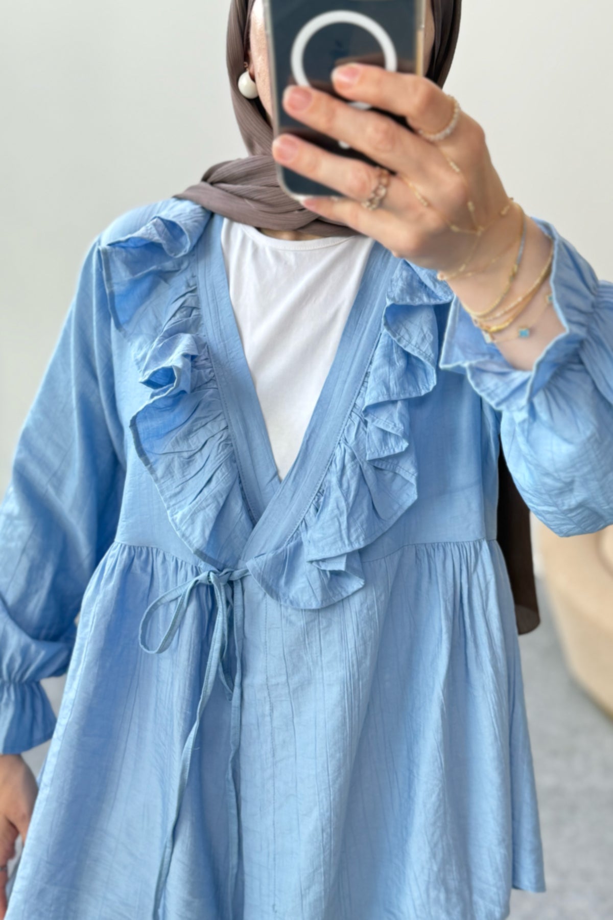 Fırfır Yaka Bağlamalı Tunik ve Geniş Paça Pantolonlu Takım 8845 - Mavi