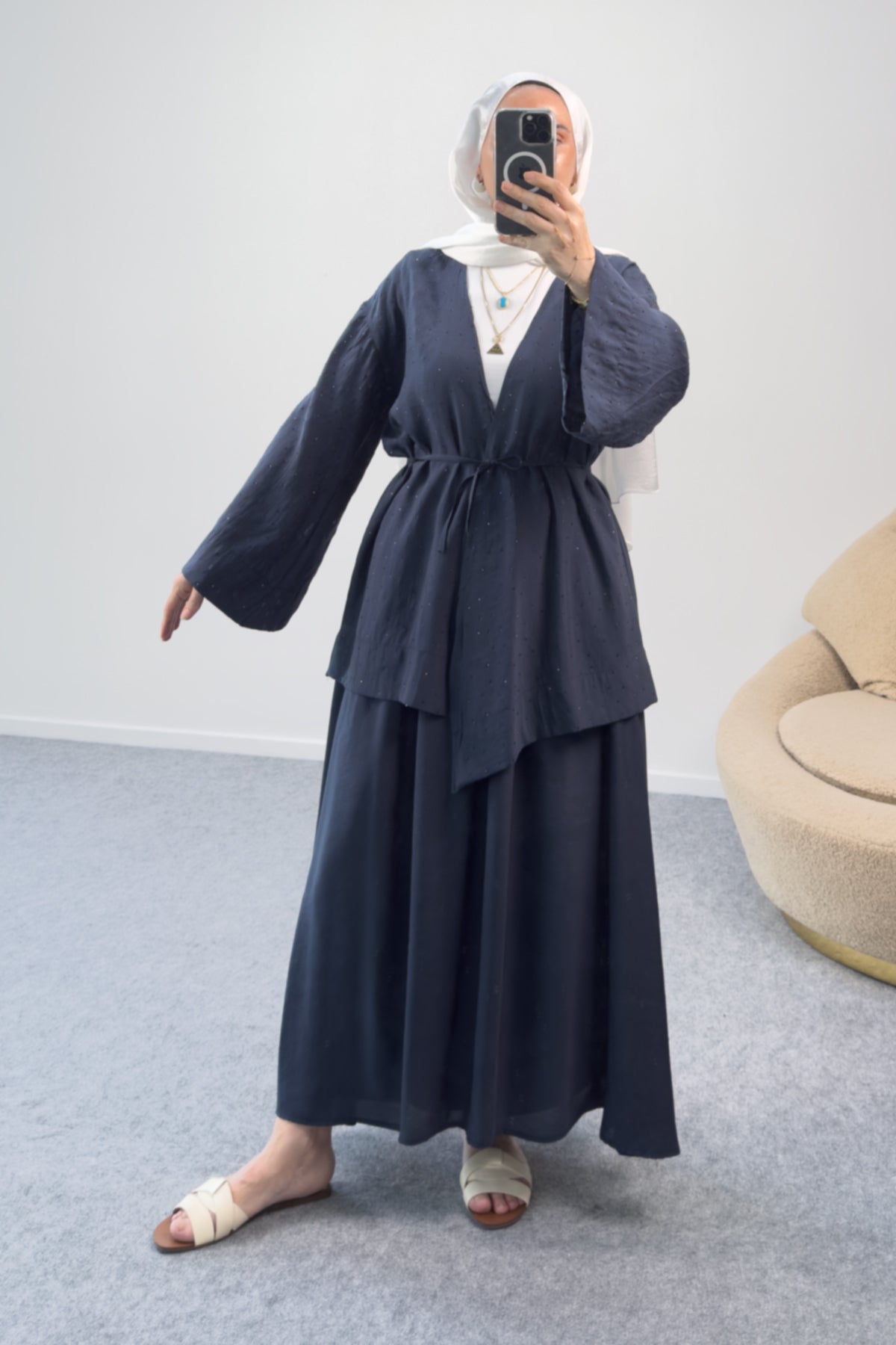 Kuşaklı Taş Detaylı Kimono Bluz ve Uzun Etekli İkili Takım 8866 - Siyah
