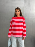 Kadın Baskılı Çizgili Bisiklet Yaka Oversize Sweatshirt 27222 - Pembe