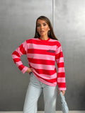 Kadın Baskılı Çizgili Bisiklet Yaka Oversize Sweatshirt 27222 - Pembe