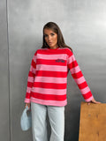 Kadın Baskılı Çizgili Bisiklet Yaka Oversize Sweatshirt 27222 - Pembe