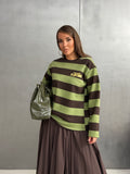 Kadın Baskılı Çizgili Bisiklet Yaka Oversize Sweatshirt 27222 - Yeşil