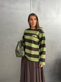 Kadın Baskılı Çizgili Bisiklet Yaka Oversize Sweatshirt 27222 - Yeşil