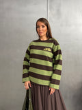 Kadın Baskılı Çizgili Bisiklet Yaka Oversize Sweatshirt 27222 - Yeşil