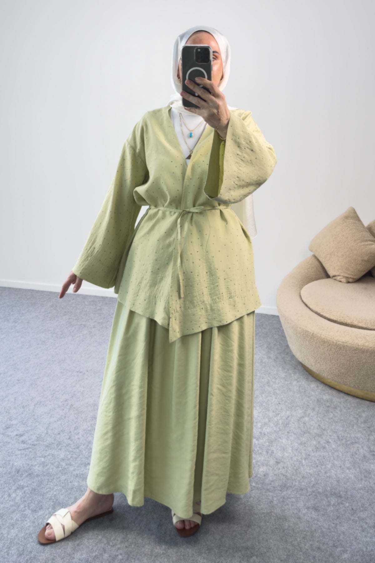 Kuşaklı Taş Detaylı Kimono Bluz ve Uzun Etekli İkili Takım 8866 - Yeşil