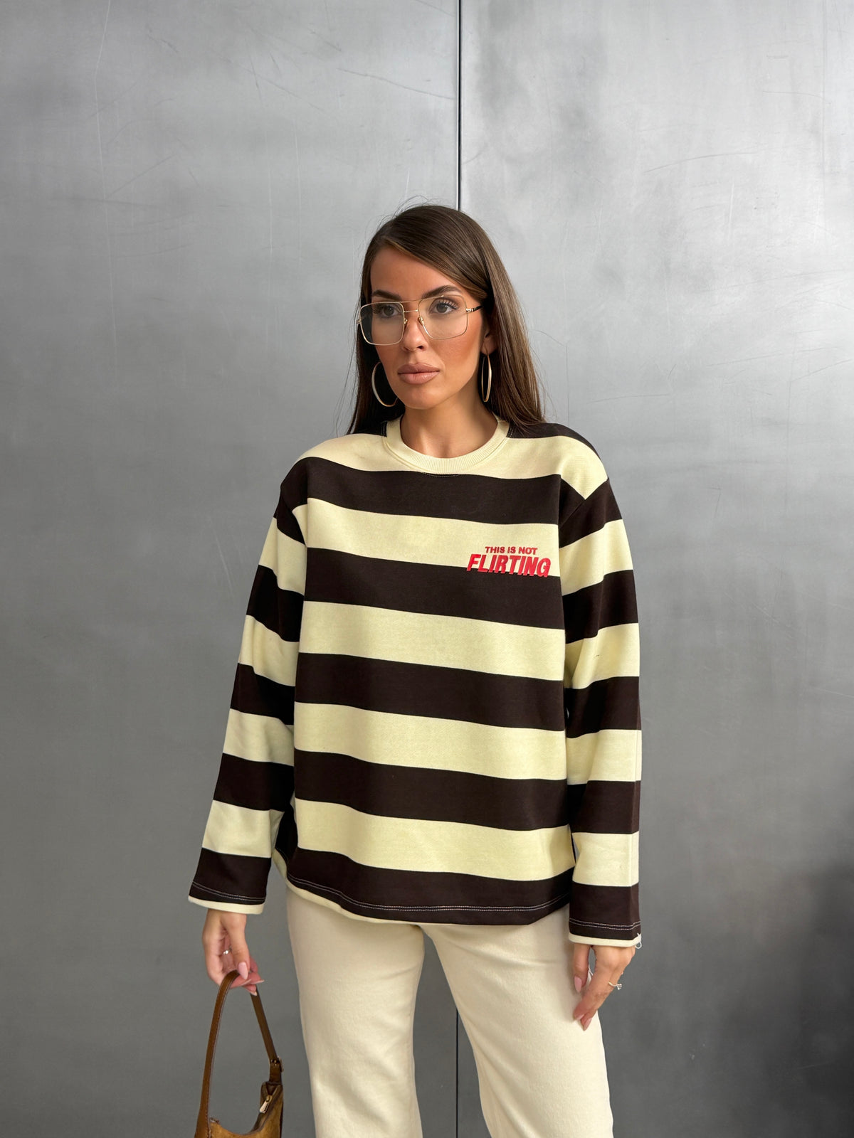 Kadın Baskılı Çizgili Bisiklet Yaka Oversize Sweatshirt 27222 - Sarı