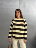 Kadın Baskılı Çizgili Bisiklet Yaka Oversize Sweatshirt 27222 - Sarı