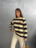 Kadın Baskılı Çizgili Bisiklet Yaka Oversize Sweatshirt 27222 - Sarı